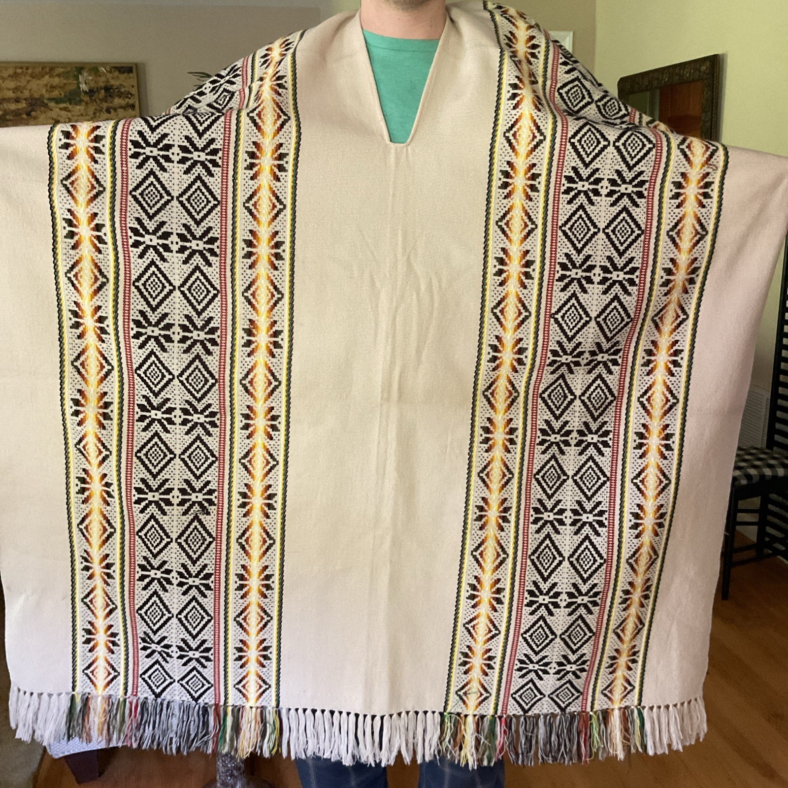 Vintage South American Woven Long Poncho Embroidered Alpaca Wool Fringe Boho