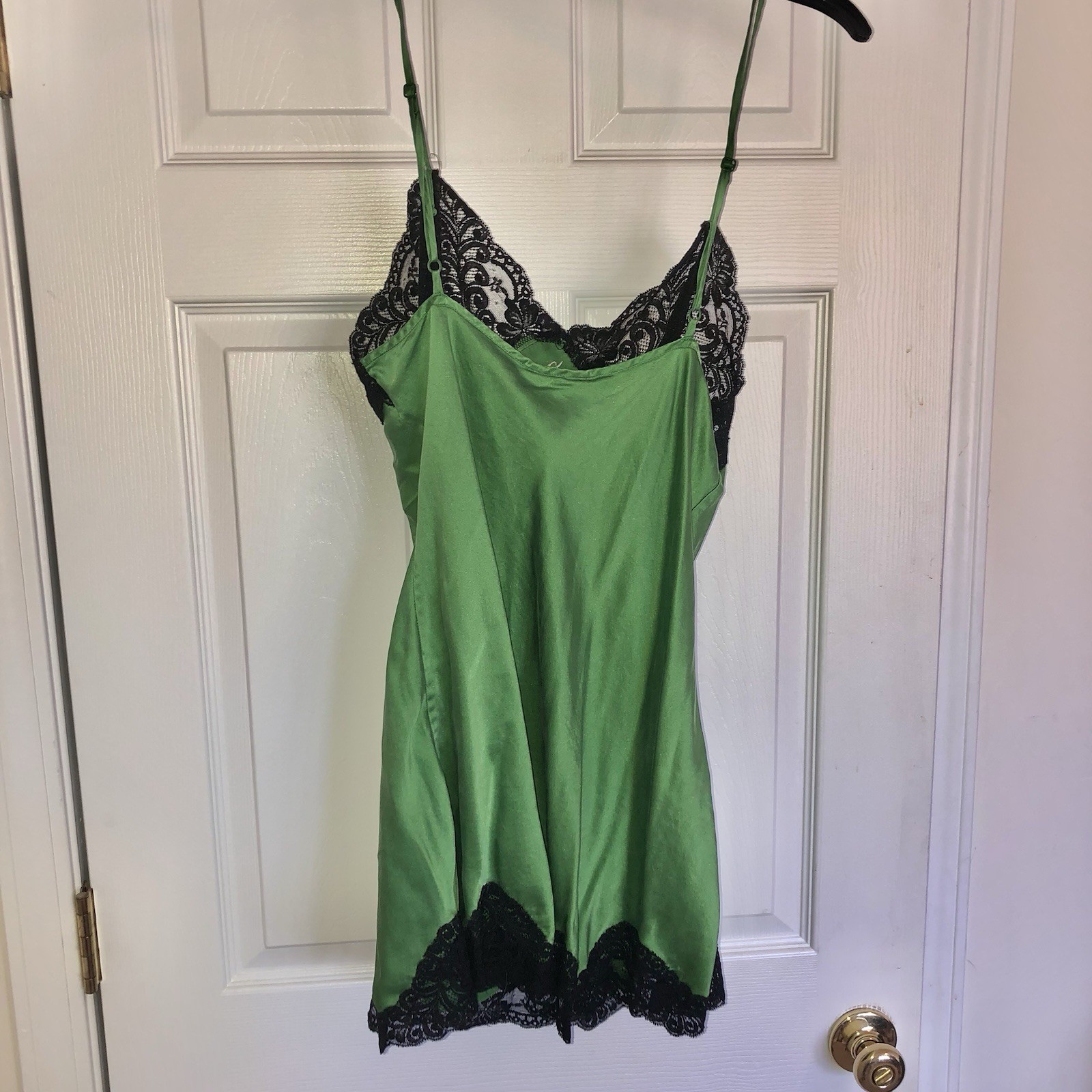 PREOWNED Vintage Cacique Emerald Green Teddy With Black Lace 100% Nylon Size M