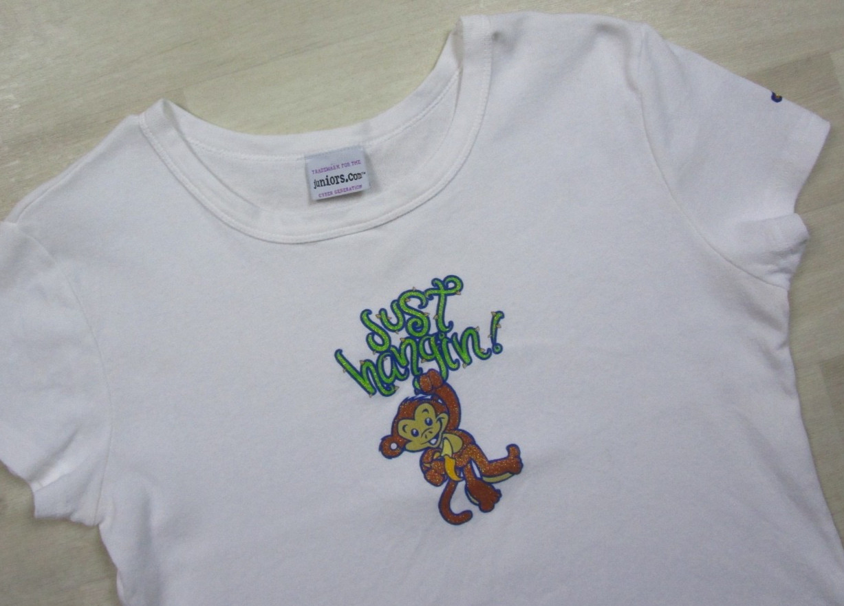 Vintage Y2K Monkey Glitter T-Shirt (M/L) Baby Tee Just Hangin Cyber E-Girl 2000s