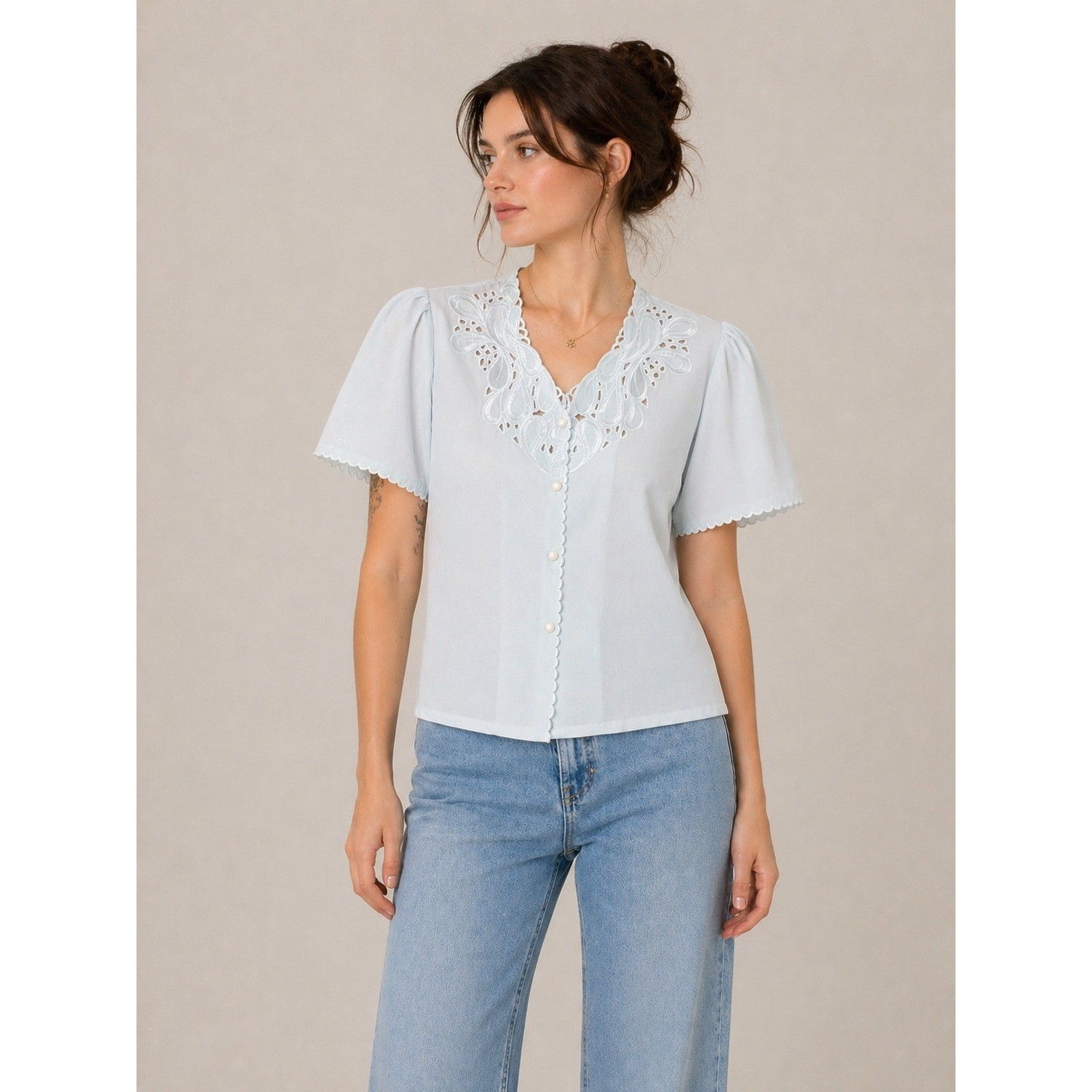 Vintage Sheer Lace Collar Blouse Cottagecore Coquette Boho Light Blue Nylon Med