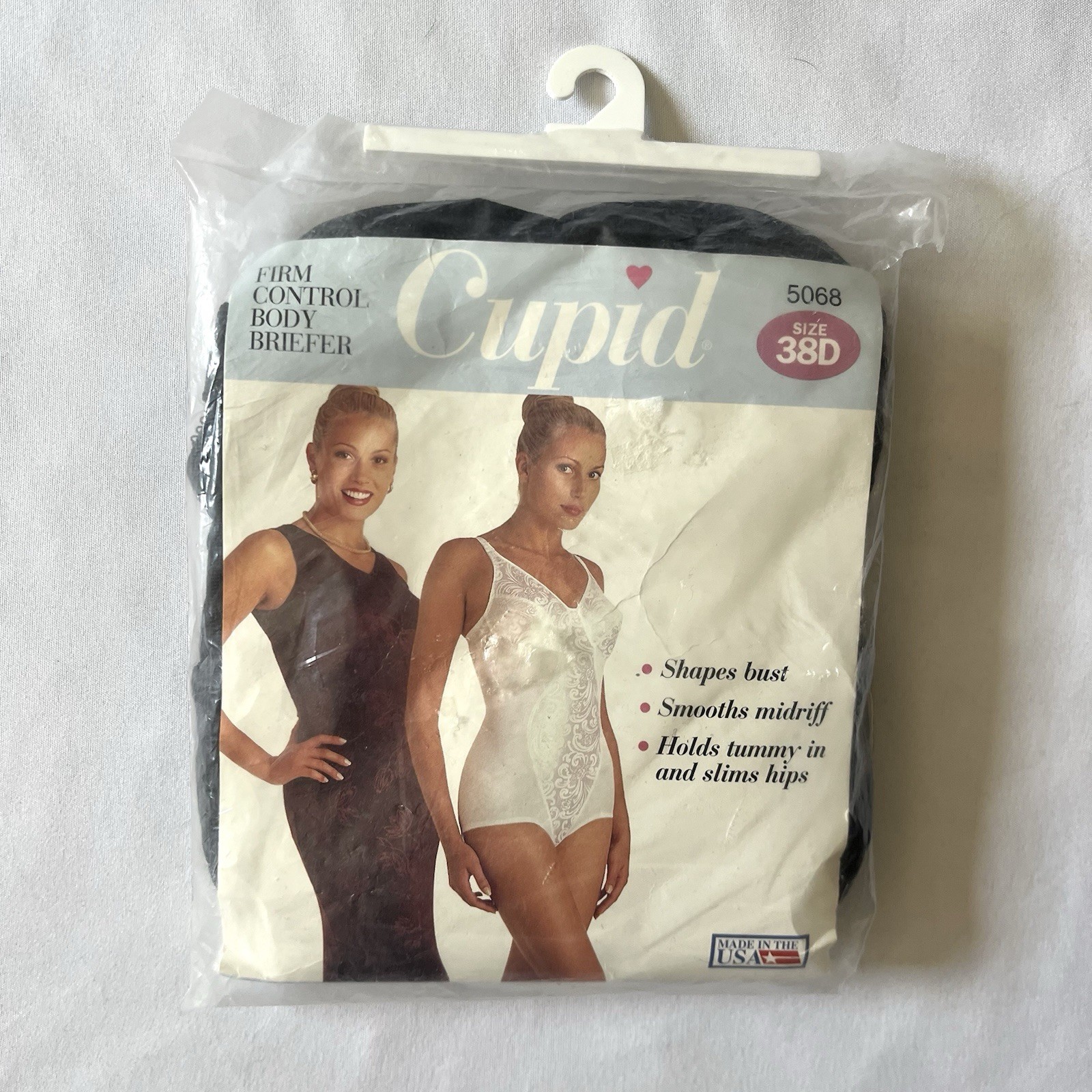 VTG NEW Cupid Black All-In-One Girdle Bodysuit 38D Satin Wireless Cups #5068D