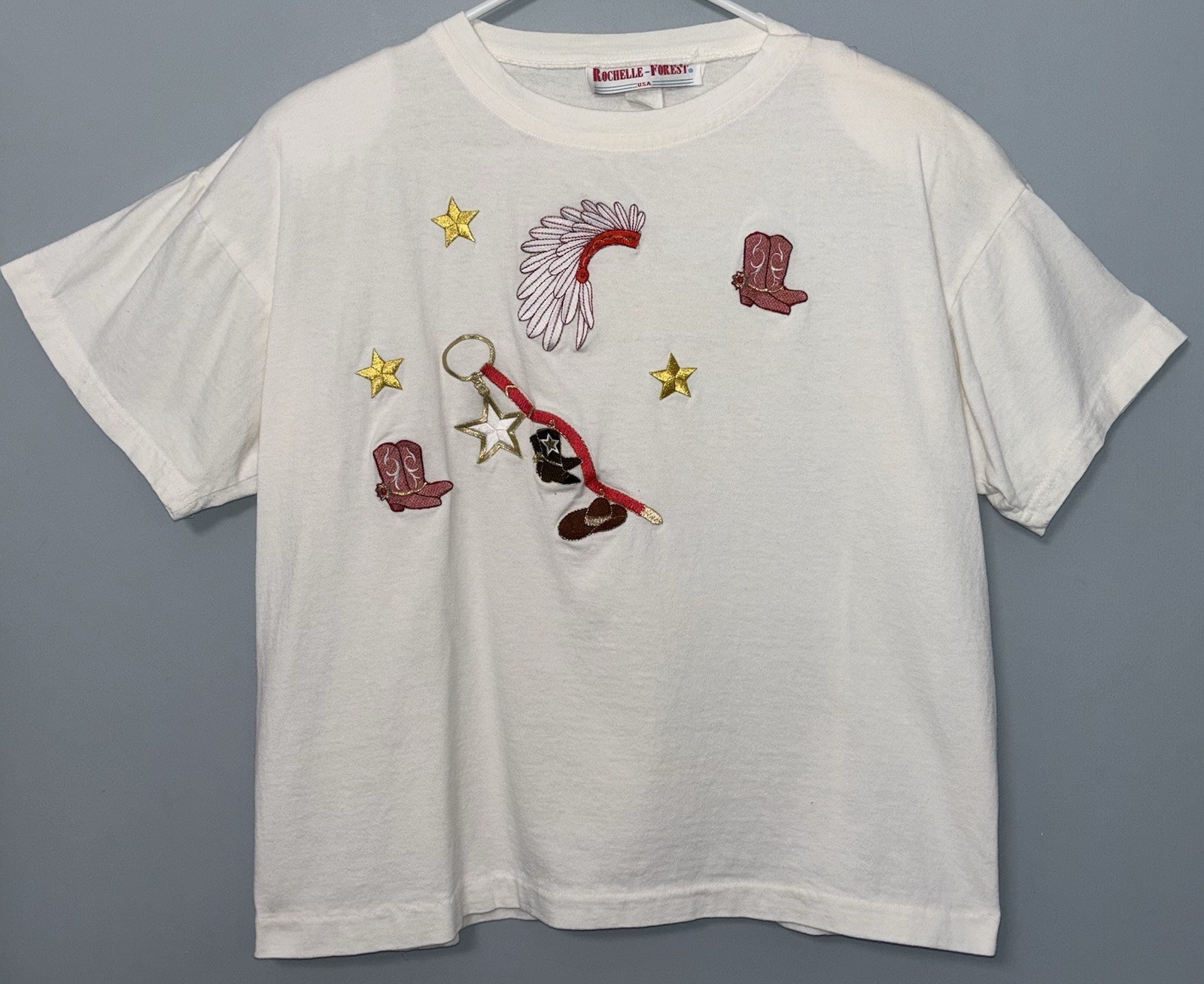 Vintage Rochelle-Forest Women’s Large T-shirt Cotton Cowboy Themed Embroidered