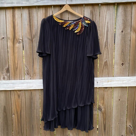 Vintage Risa Ann New York Black Pleated Embellished Dress