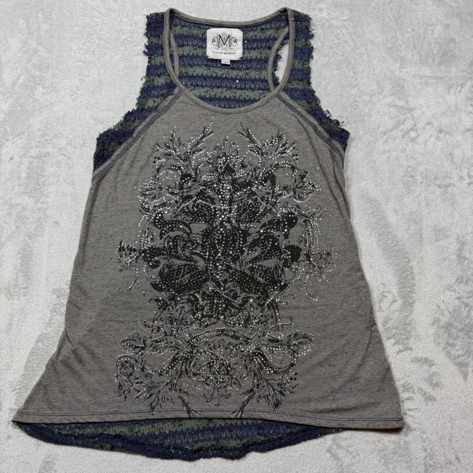 Vintage 2000s Gray Blue Cotton Blend Rhinestone Graphic Tank Top Y2K Biker Med