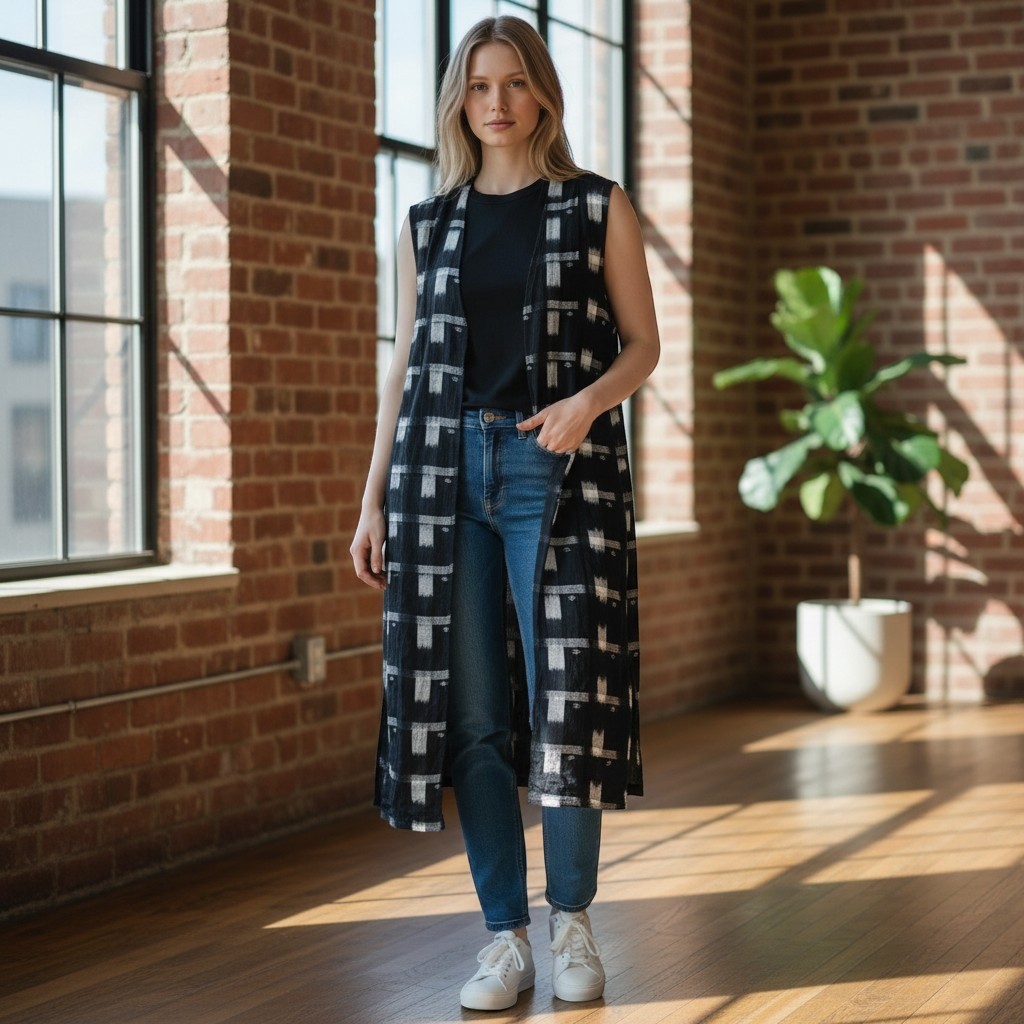 Vintage Artexco RL Handmade Guatemala Ikat Long Duster Vest Black White Artsy XL