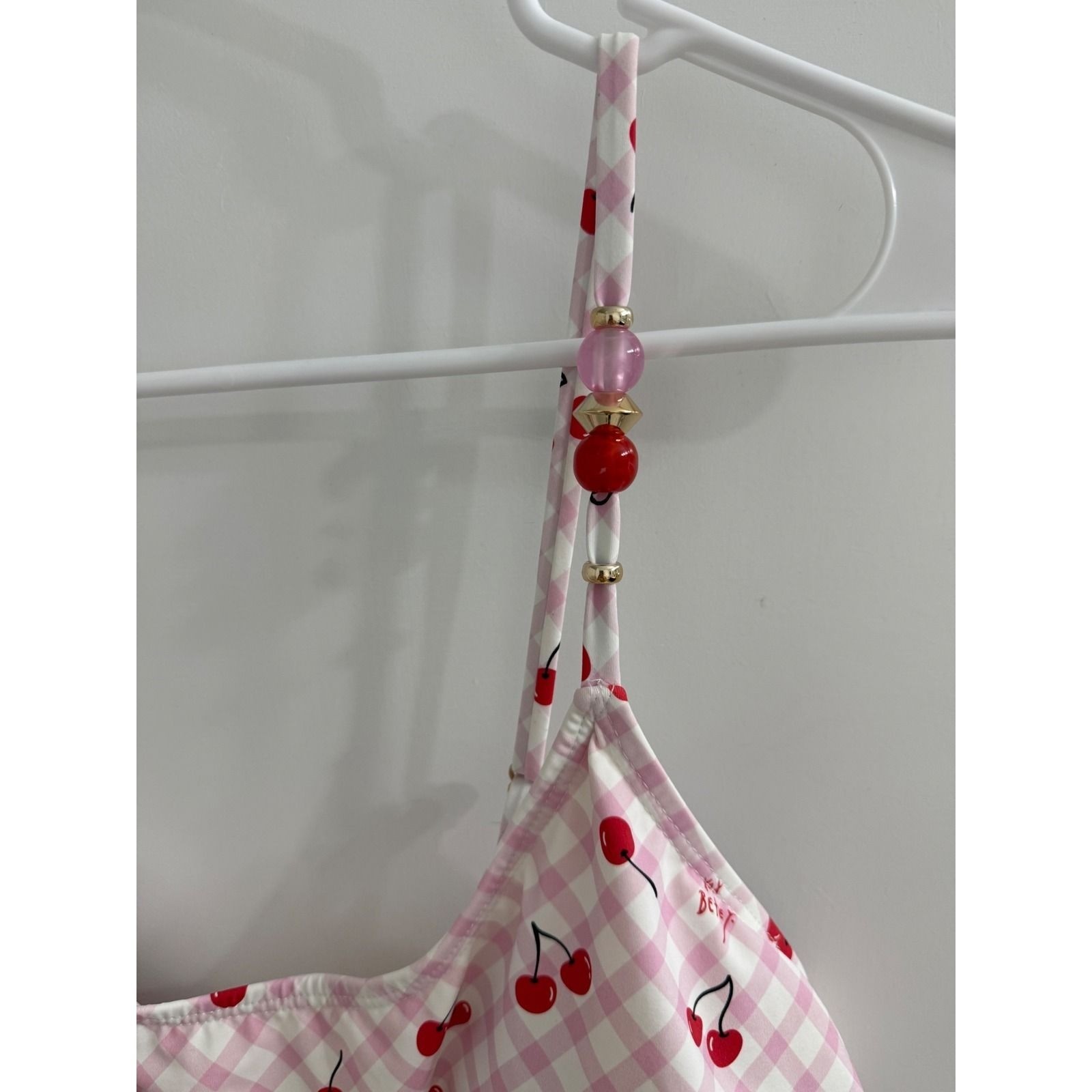 Betsey Johnson Pink Gingham Cherry Print One Piece Swimsuit Beaded Straps XL NEW