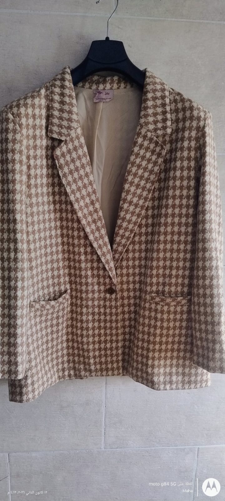 Vintage Tan Jay Women&rsquo;s Brown and Beige Houndstooth Tweed Blazer size UK 18