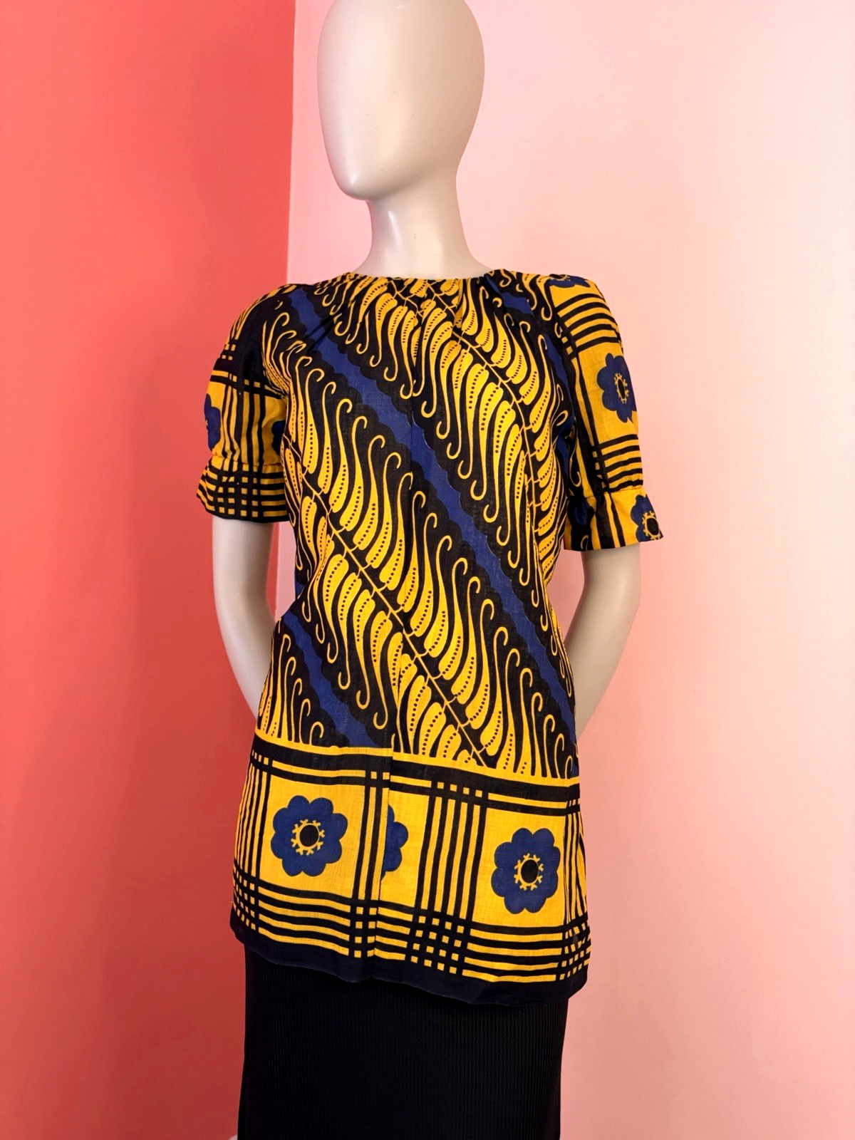 VTG 60s 70s Mod Tunic Top Blue Yellow Floral Graphic Print Flower gogo hippie L