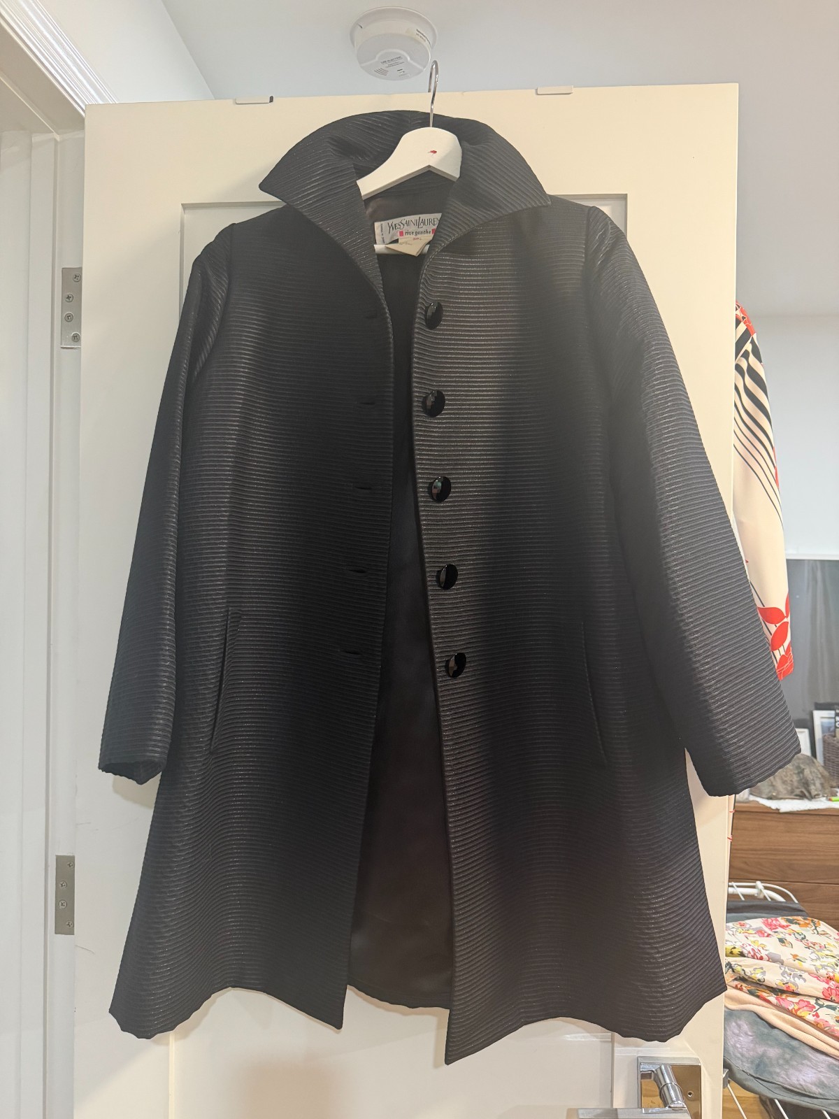 Vintage Yves Saint Laurent Rive Gauche Paris Black Textured Coat FR 38 Made Fran