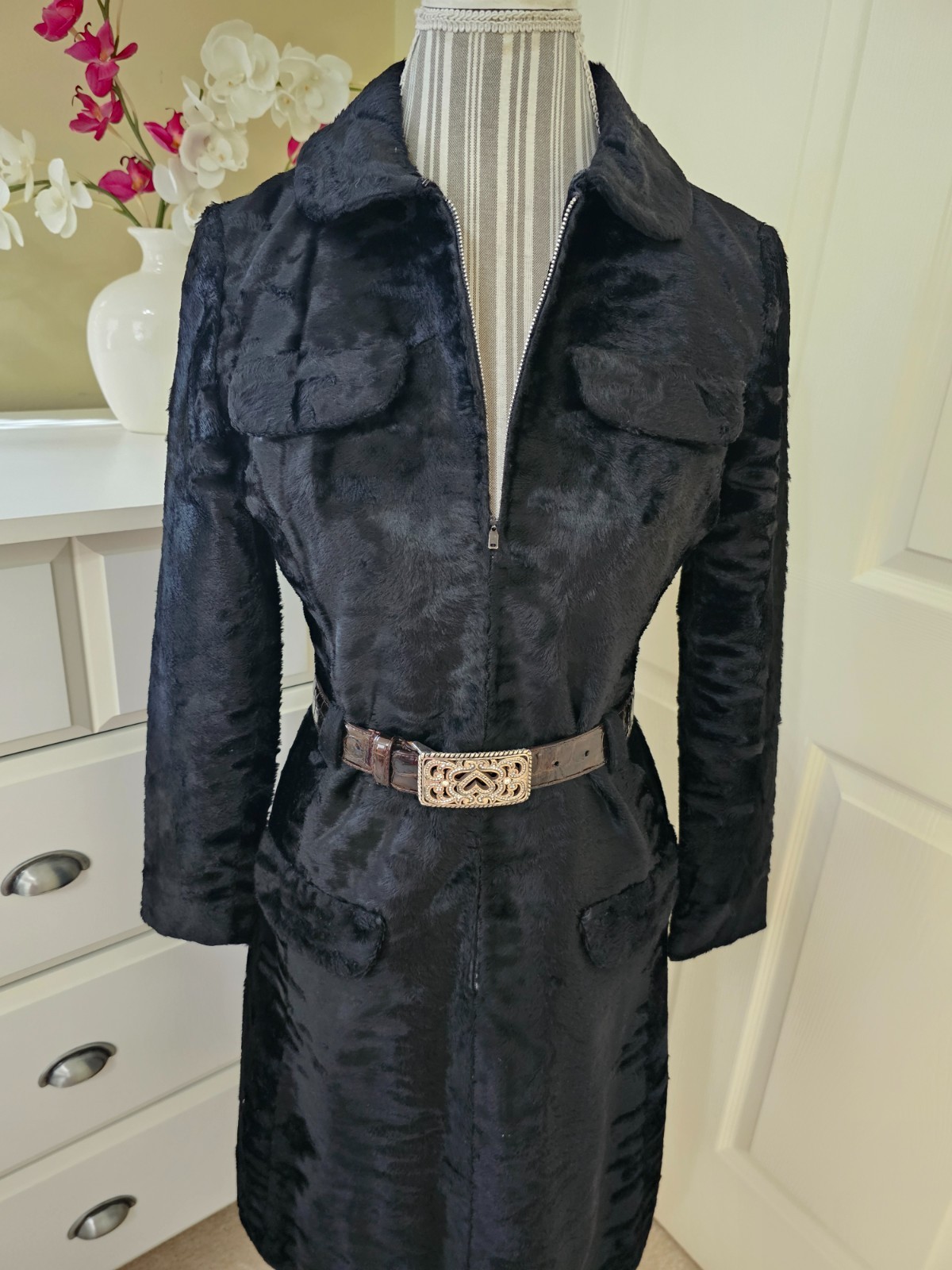 VTG 1960s Adele Simpson Womens Black Crushed Velvet Half Zip Coat Dress Sz. M
