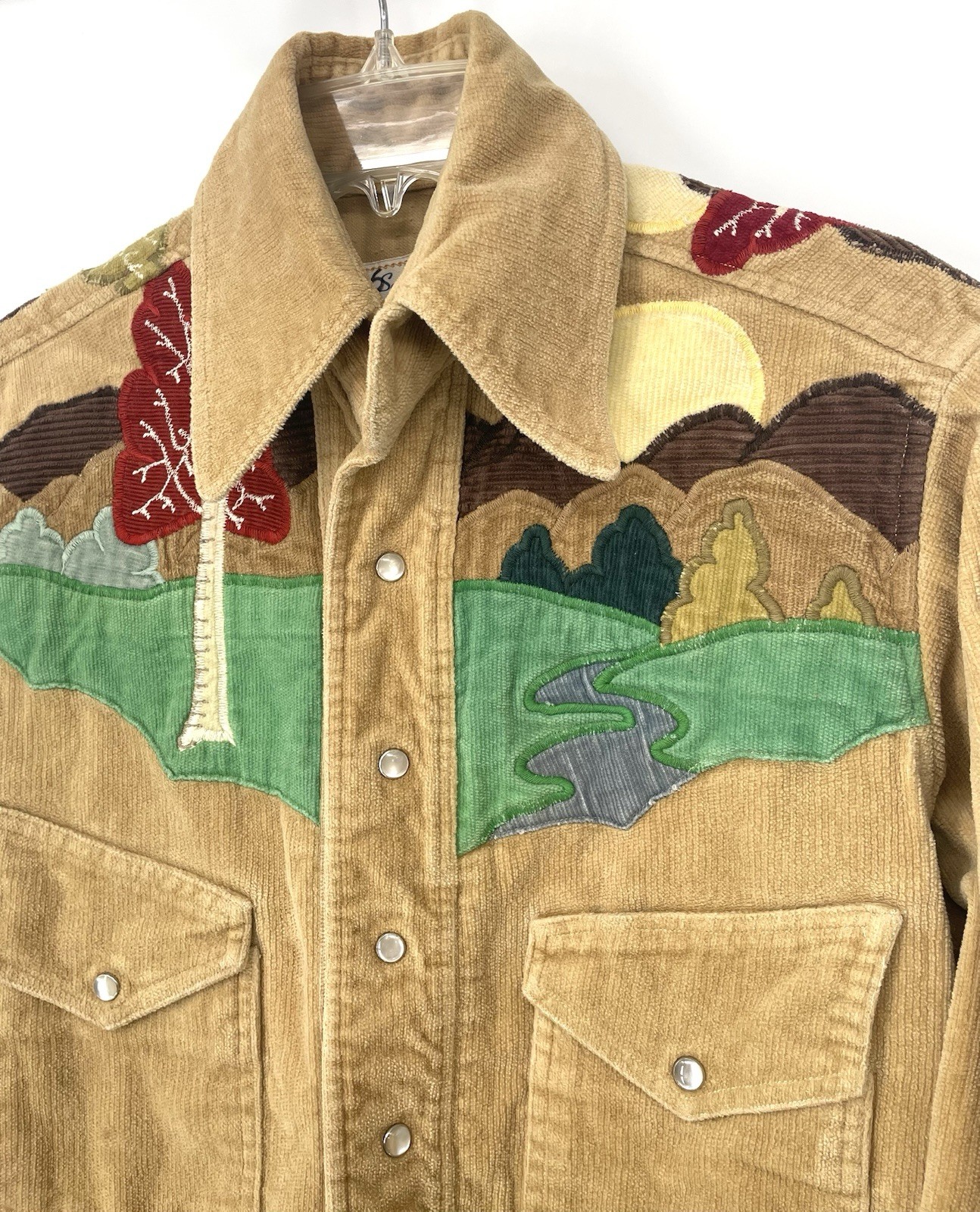 VTG 1970s Salaminder Hippie Folk Art Applique Corduroy Pearl Snap Shirt Unisex