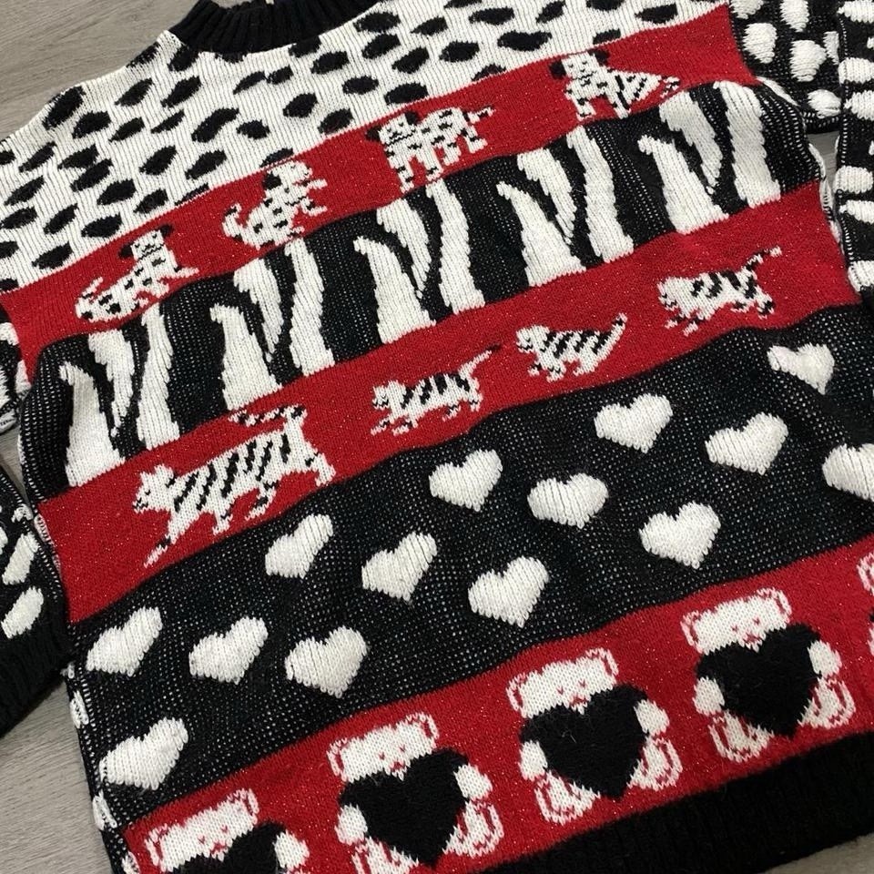Vintage 80s Dalmatian Cat Teddy Bear Sweater Kitschy Grandma Size 8 / Medium