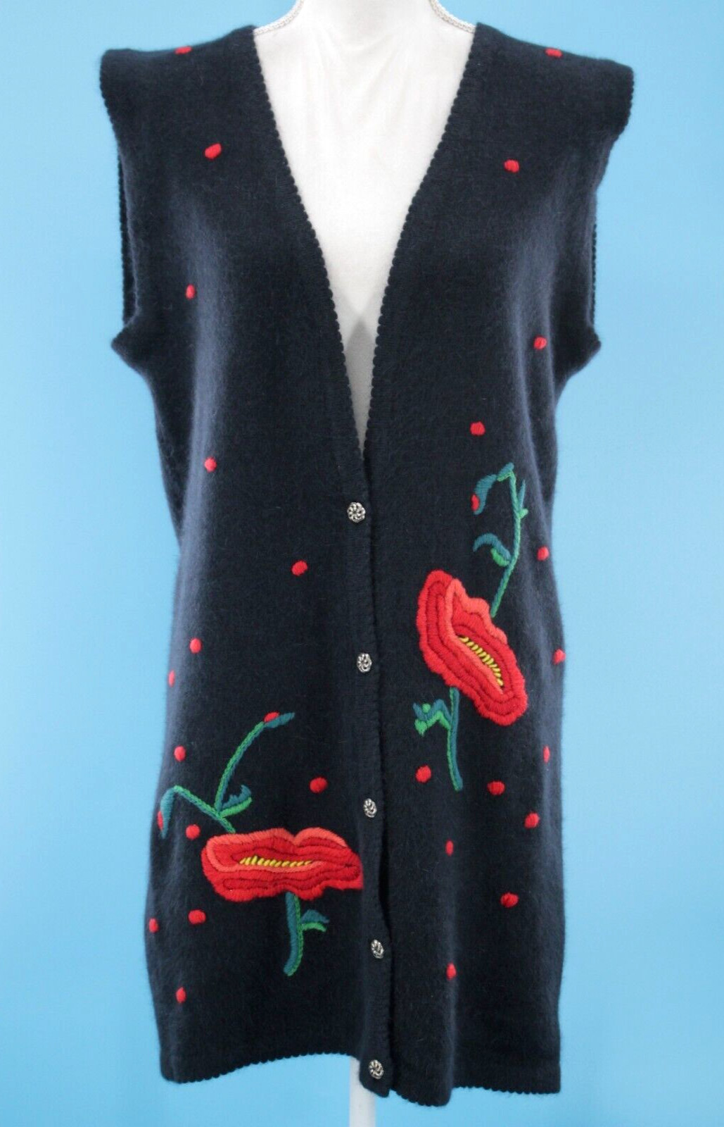 VTG Women&rsquo;s 80s Black Embroidered Angora Cardigan Sweater Vest 1980s Cullinane