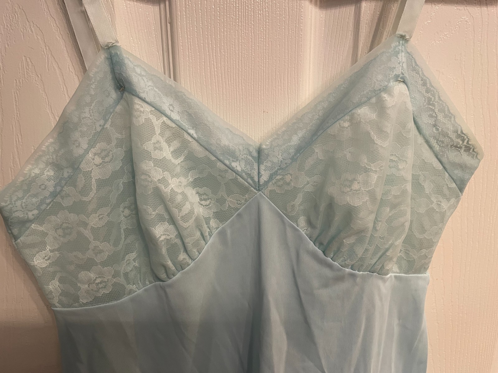 Vintage Evette Slip Nightgown Size 36 Lace Trim Nylon USA Made Baby BLUE Sissy