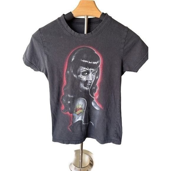 Womens Sugar Skull Pinup Graphic Tee Faded Black Rockabilly T-Shirt