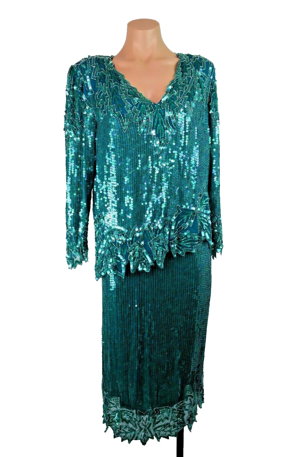 VTG Scala Gatsby Flapper Evening Top Skirt Set Sequin Silk 2-PC Short Sleeve M