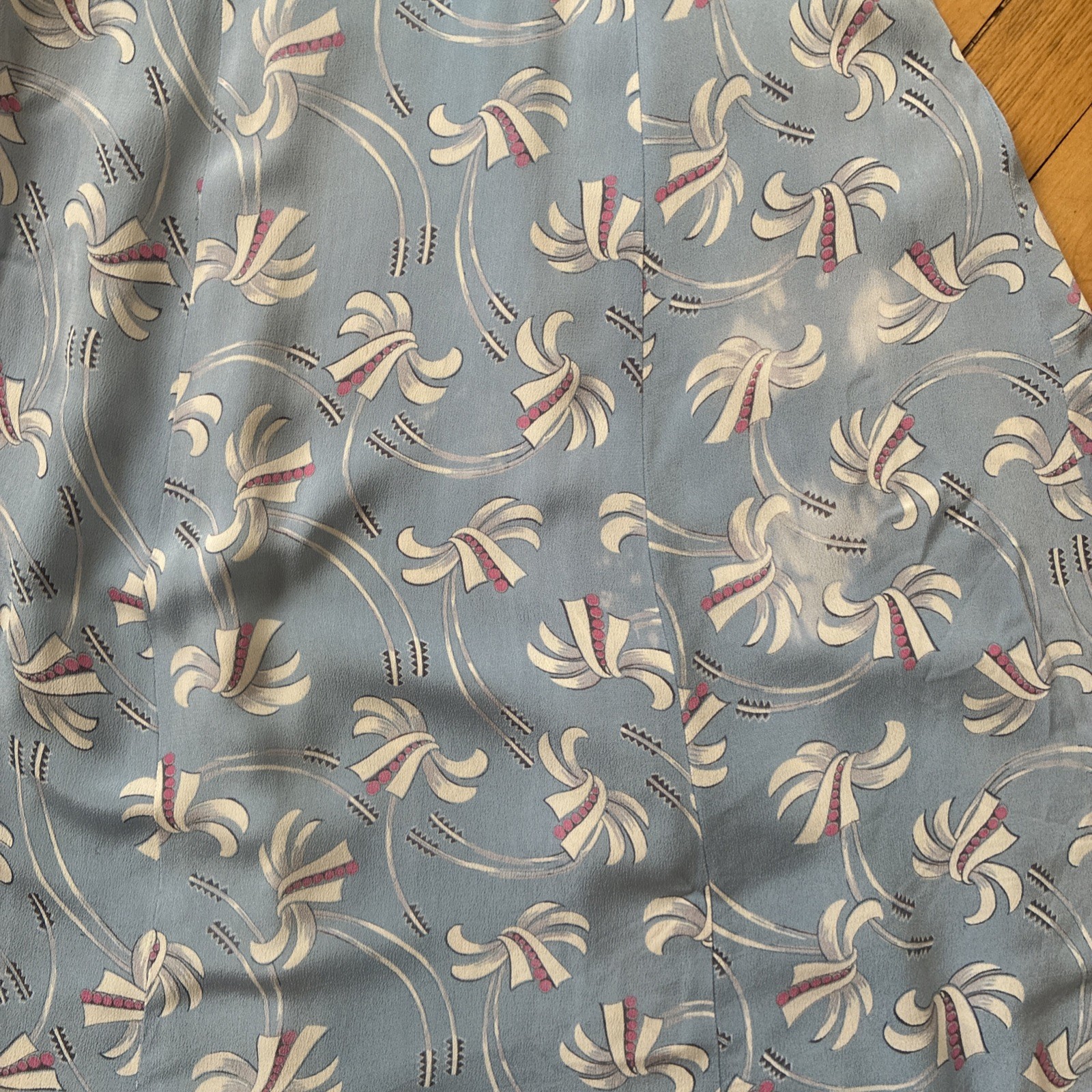 Vintage 1940&rsquo;s Blue Deco Patterned Crepe Dress Gio Model 27&Prime; waist AS IS