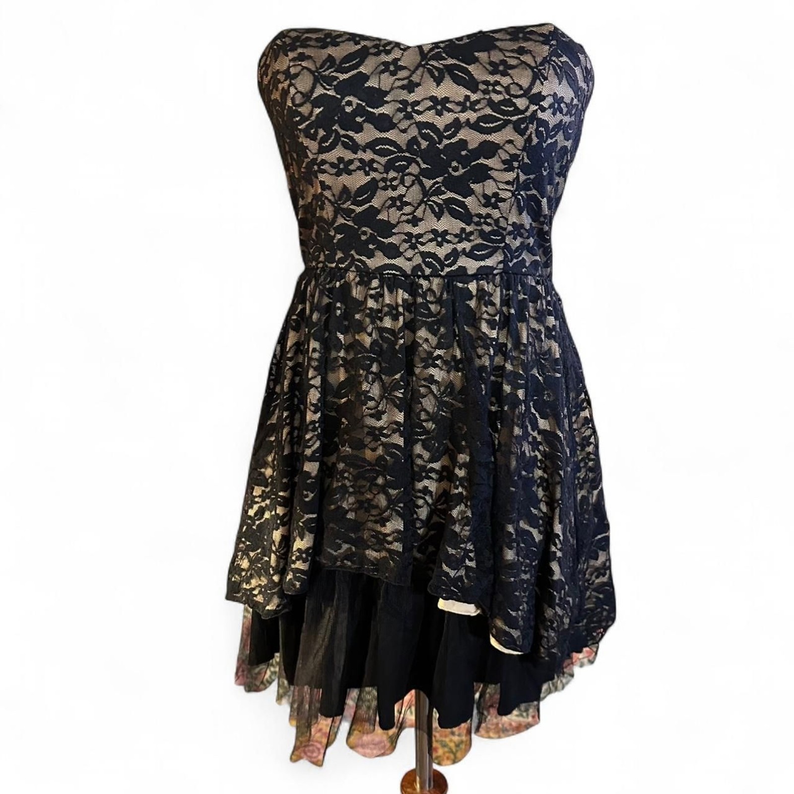 B.Wear Y2K Black Lace and Nude Frilly Fit and Flare Mini Dress