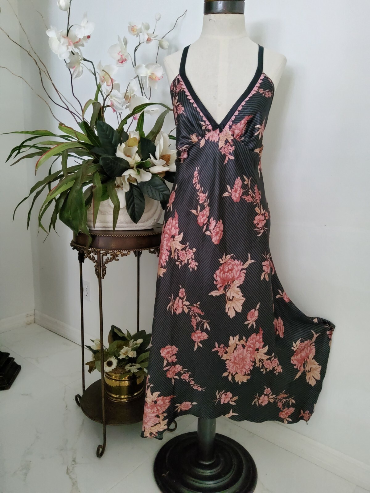 CALIFORNIA DYNASTY VINTAGE NIGHTGOWN PINK & BLACK PRINT SEXY STYLE LARGE