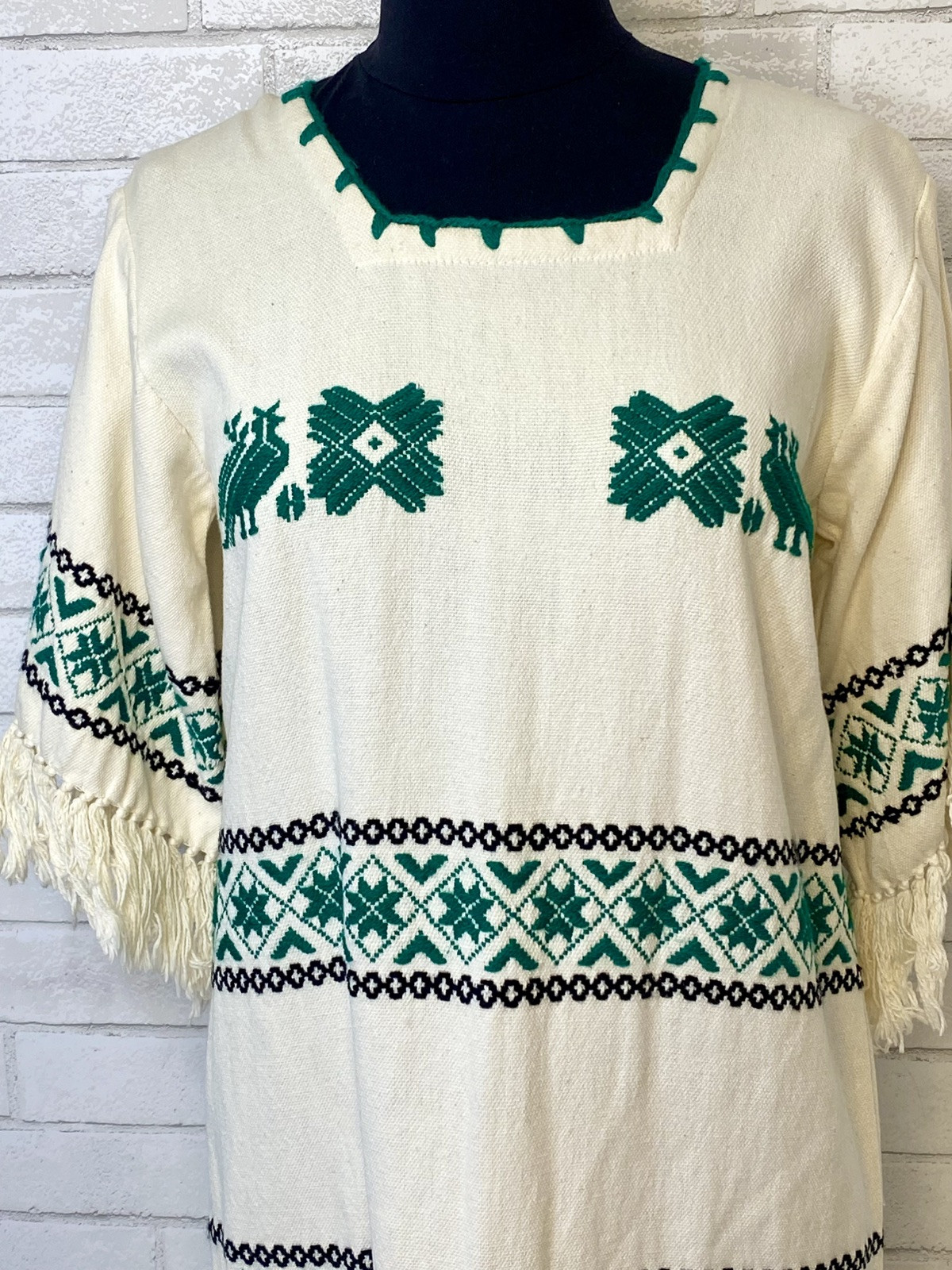Vintage 70’s Folk Needlepoint Embroidered Fringe Kaftan Maxi Traditional Dress