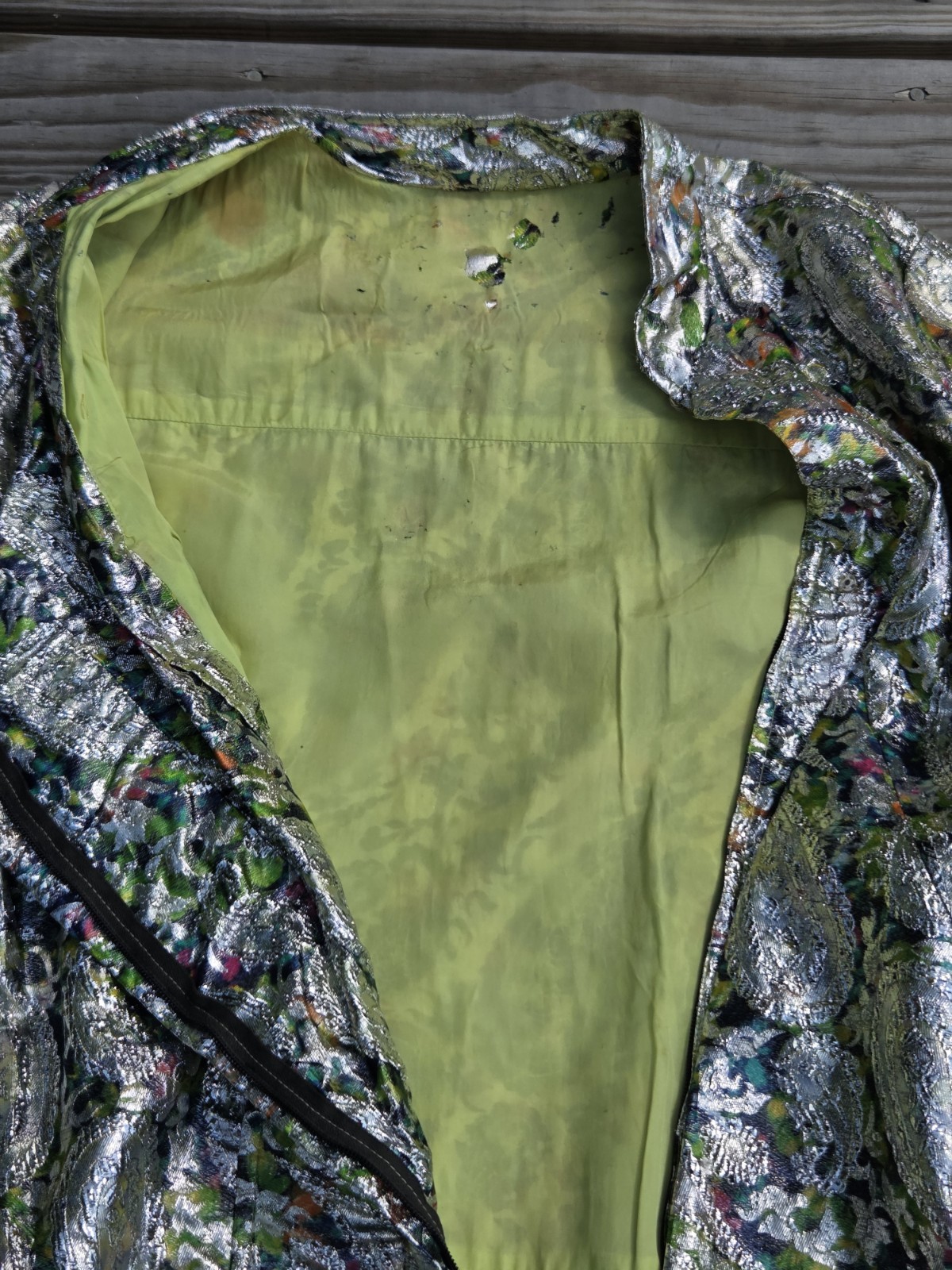 Vintage 1950 Silver Metallic Brocade Opera Coat Paisley Floral Lame Jacket As Is