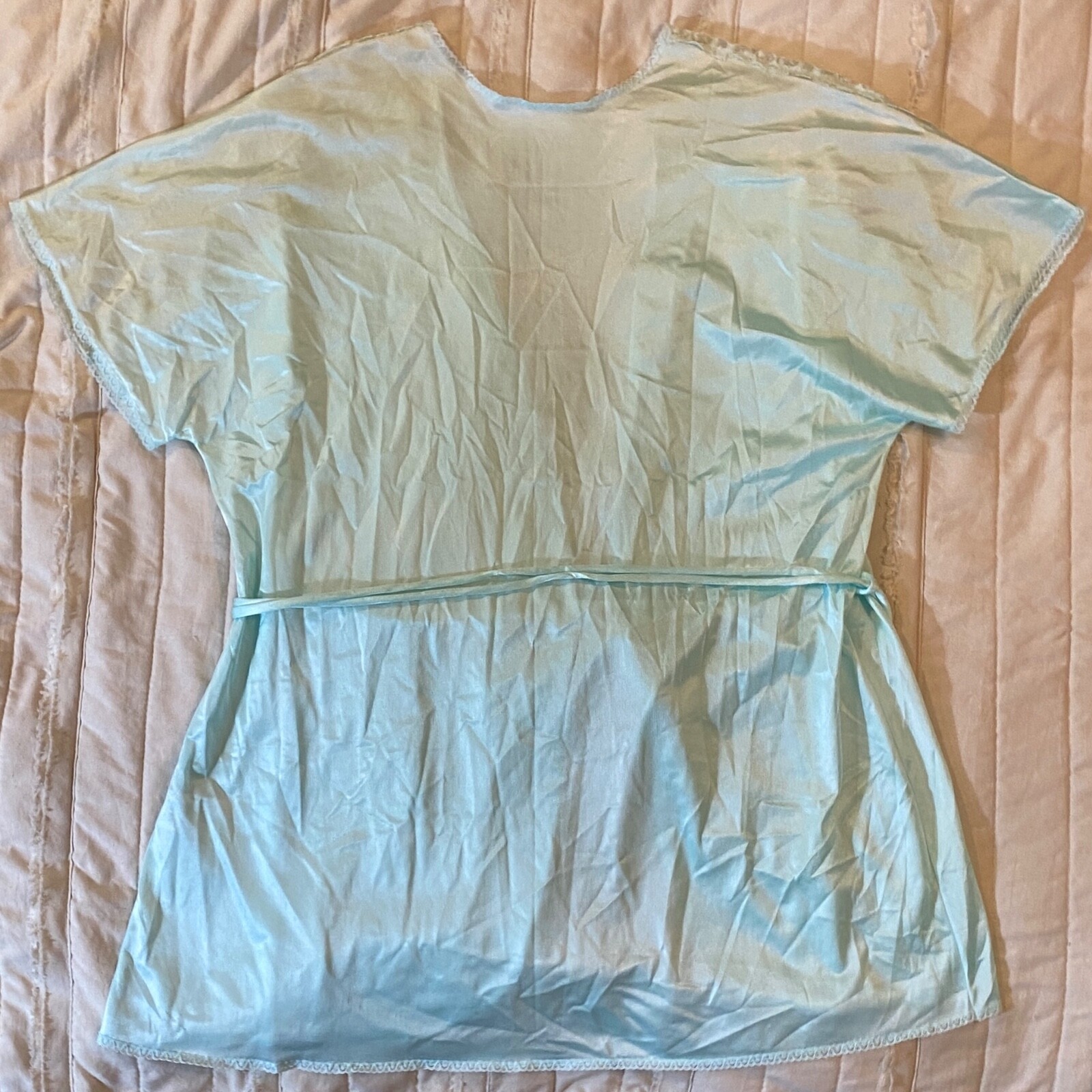 Vtg Pinehurst Lingerie Womens Small Ice Blue Satin Lace Trimmed Peignoi Robe 80s