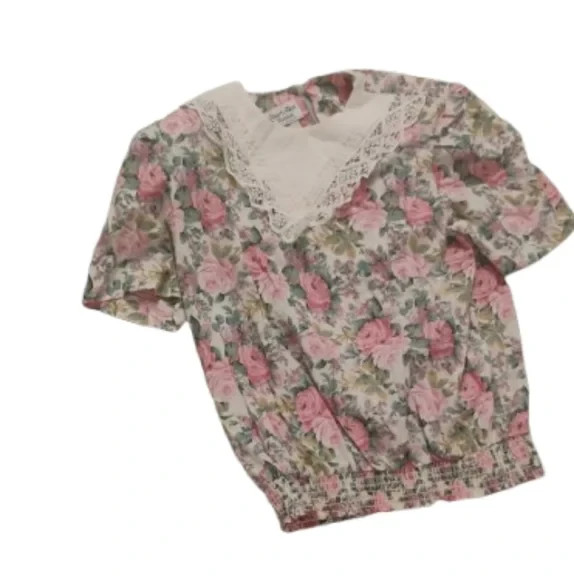 Vintage 1980s Floral Lace Collared Cottagecore Short Sleeve Top Medium Petite