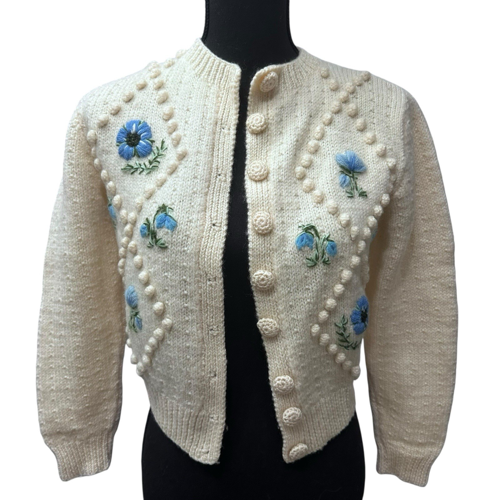 Vtg Hand Knitted 100% Wool Women Cardigan Sweater 3D Crochet Flowers Sz Small