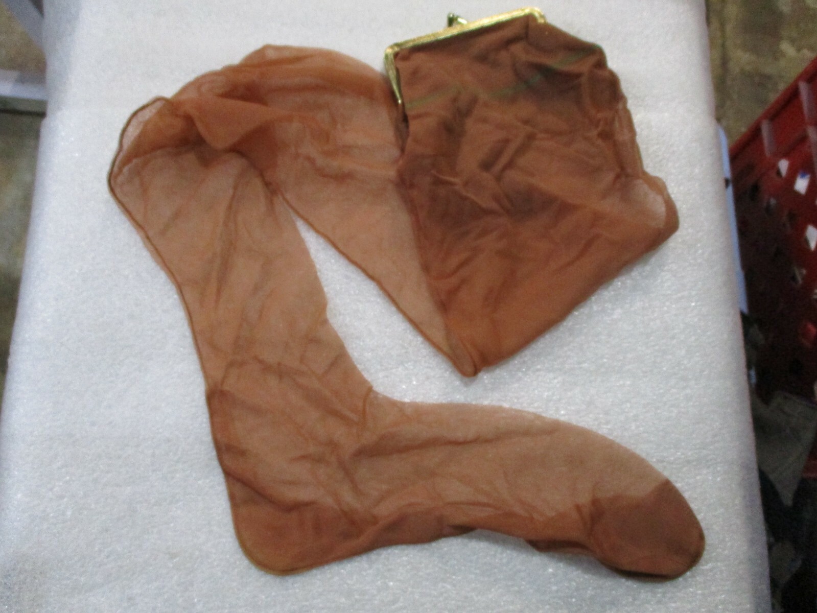 1 VINTAGE SEAMED NYLON STOCKING FULL FASHIONED PURSE BEIGE NOVELITY