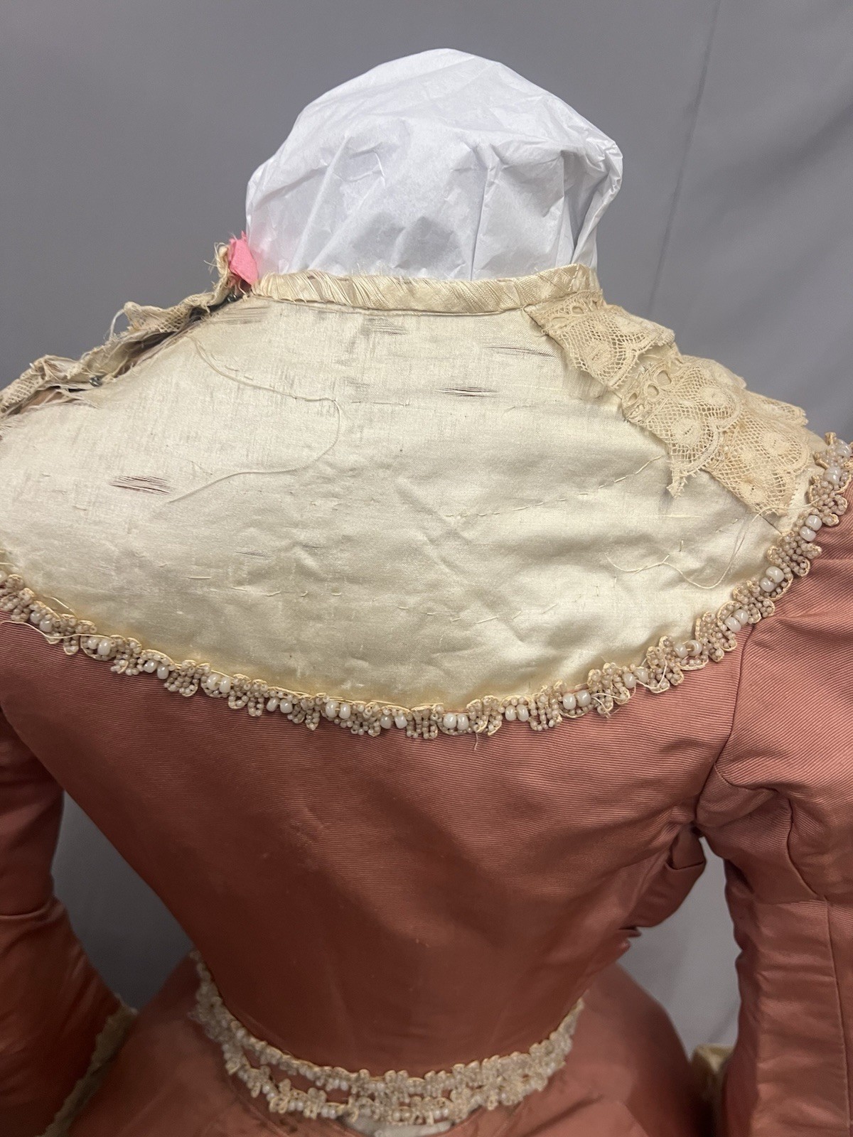 1890’s Peach Silk Faille & Lace Bustle Dinner Gown