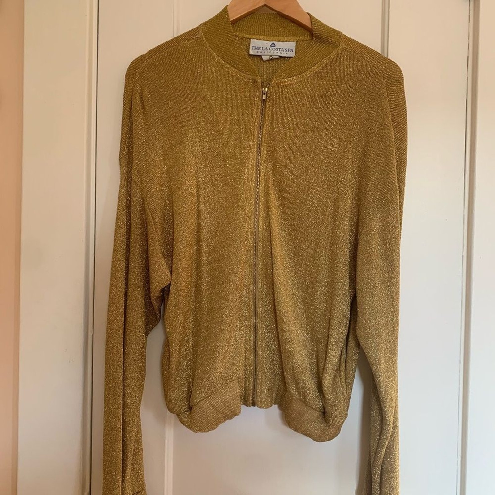 VTG Gold Metallic Bomber Jacket Sz S Lurex Disco Knit Zip Up Side Pocket Sparkle