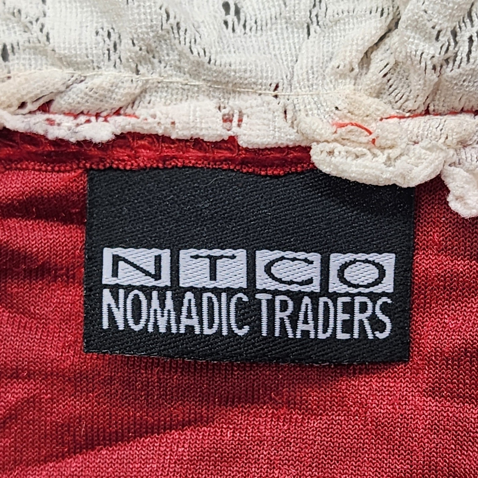 Vintage NTCO Nomadic Traders Top Womens S Red Cream Velvet Lace Bell Sleeves