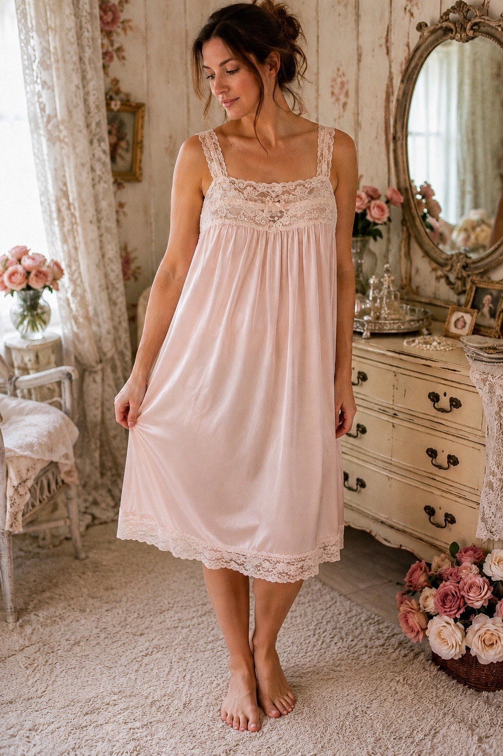 Vintage 70’s Danbury Blush Pink Nylon Nightgown XL Lace Trim USA Nightie