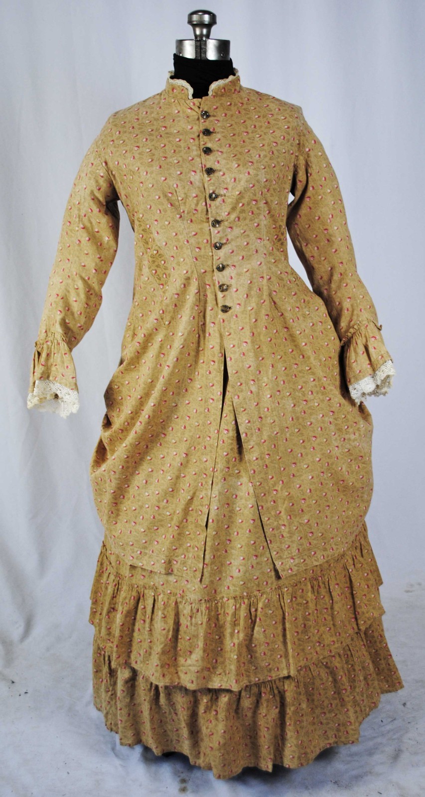 VICTORIAN 2 PIECE PRINTED CALICO AFTERNOON VISITING BUSTLE DRESS 1890