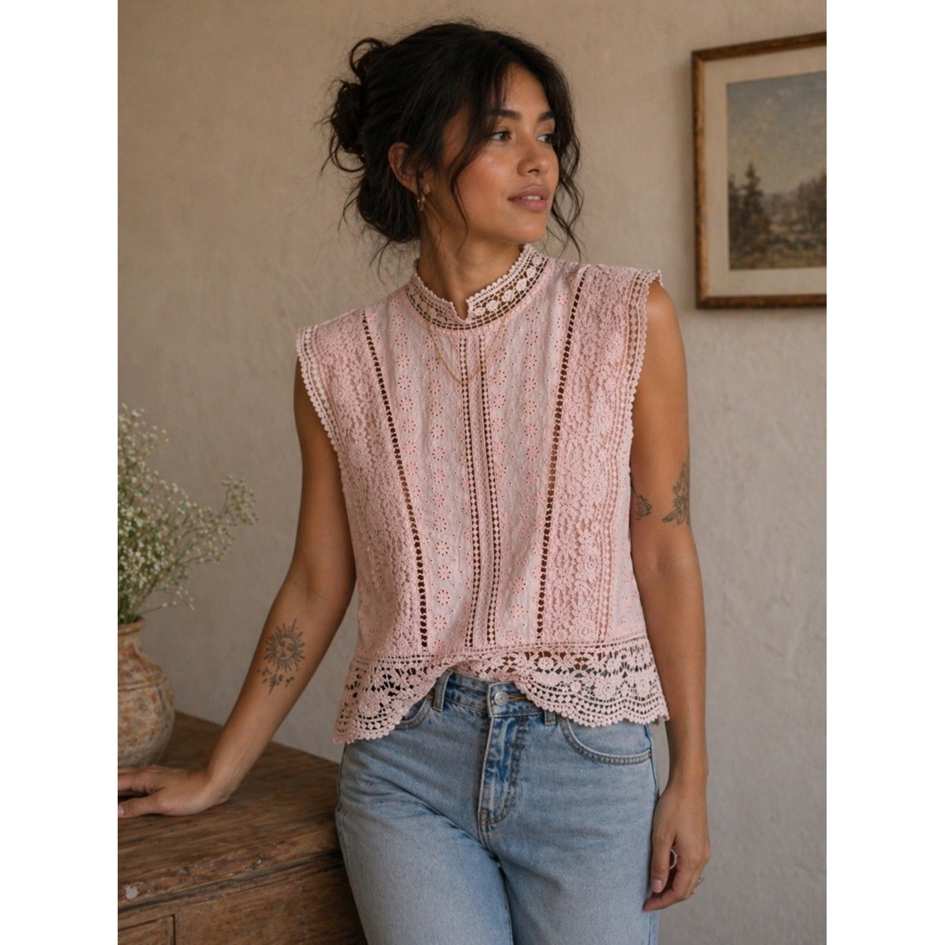 Vintage-Inspired Forever 21 Cotton Embroidered Blouse, Cropped Mock Neck Pink S