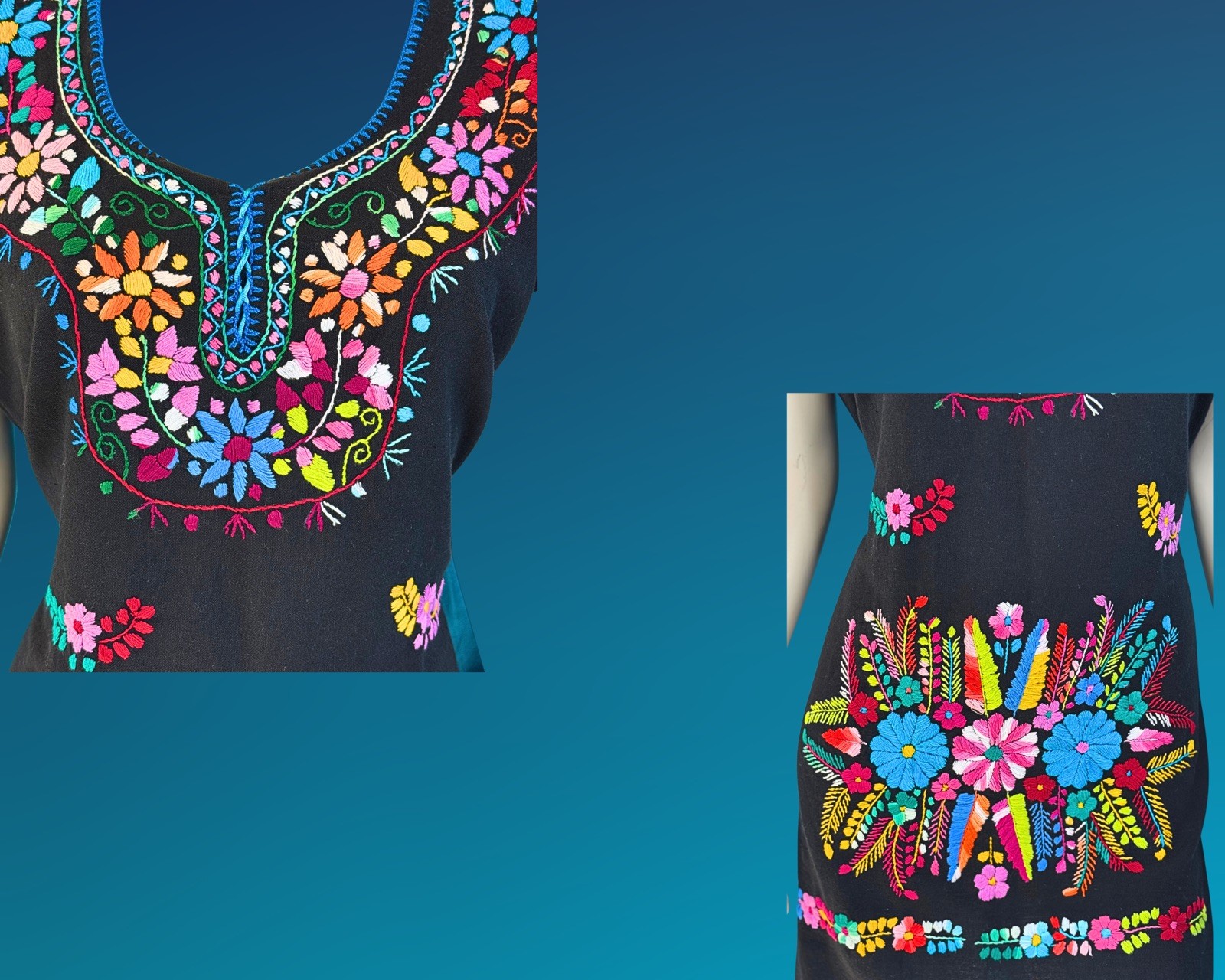 Vintage Mexican Embroidered Cotton Mini Hippie Folk Dress | M