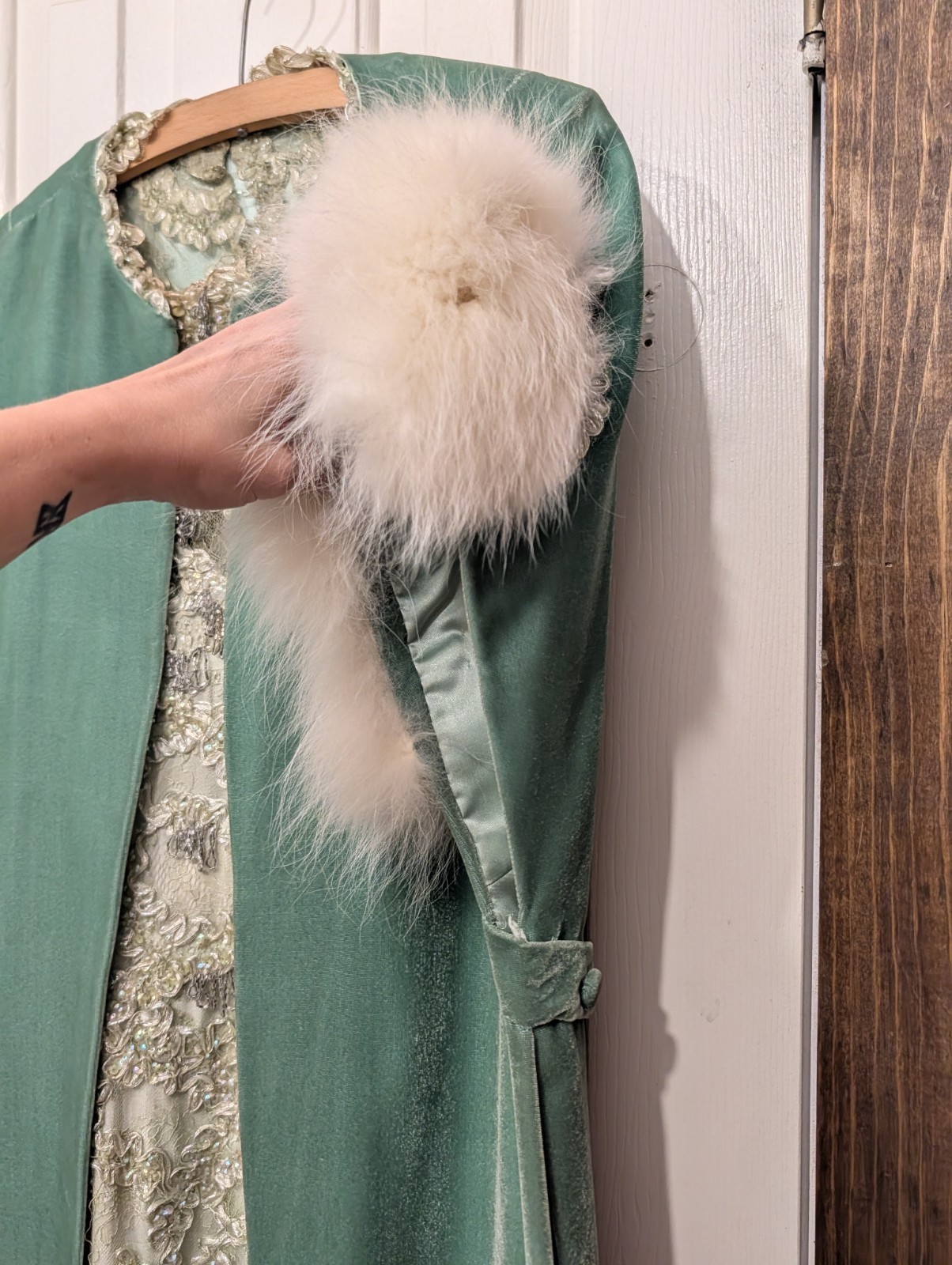 Vintage Handmade Green Beaded Evening Gown Size 0 w/ Coat Fur Accessories AS IS