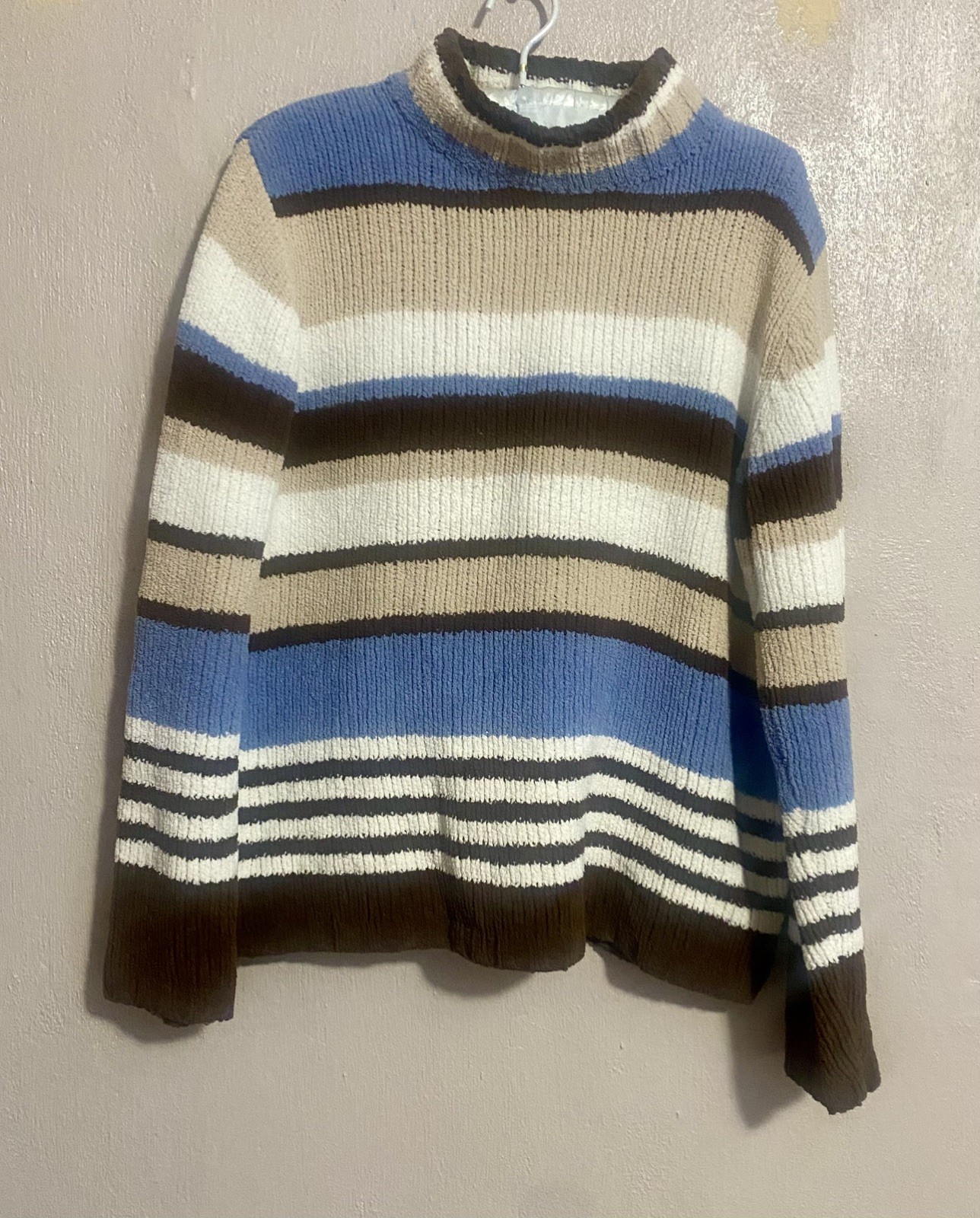Vintage Sweater Size M Chenille blue brown Striped Mock Neck Pullover