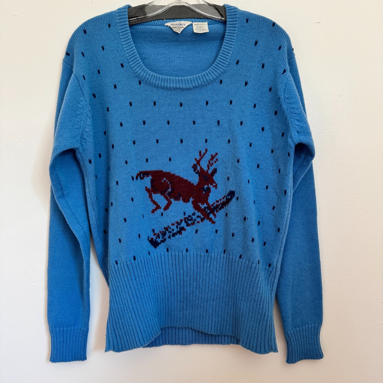 Vintage 50s Alexander&rsquo;s Blue Sweater Reindeer Ribbed Hem Sz Large