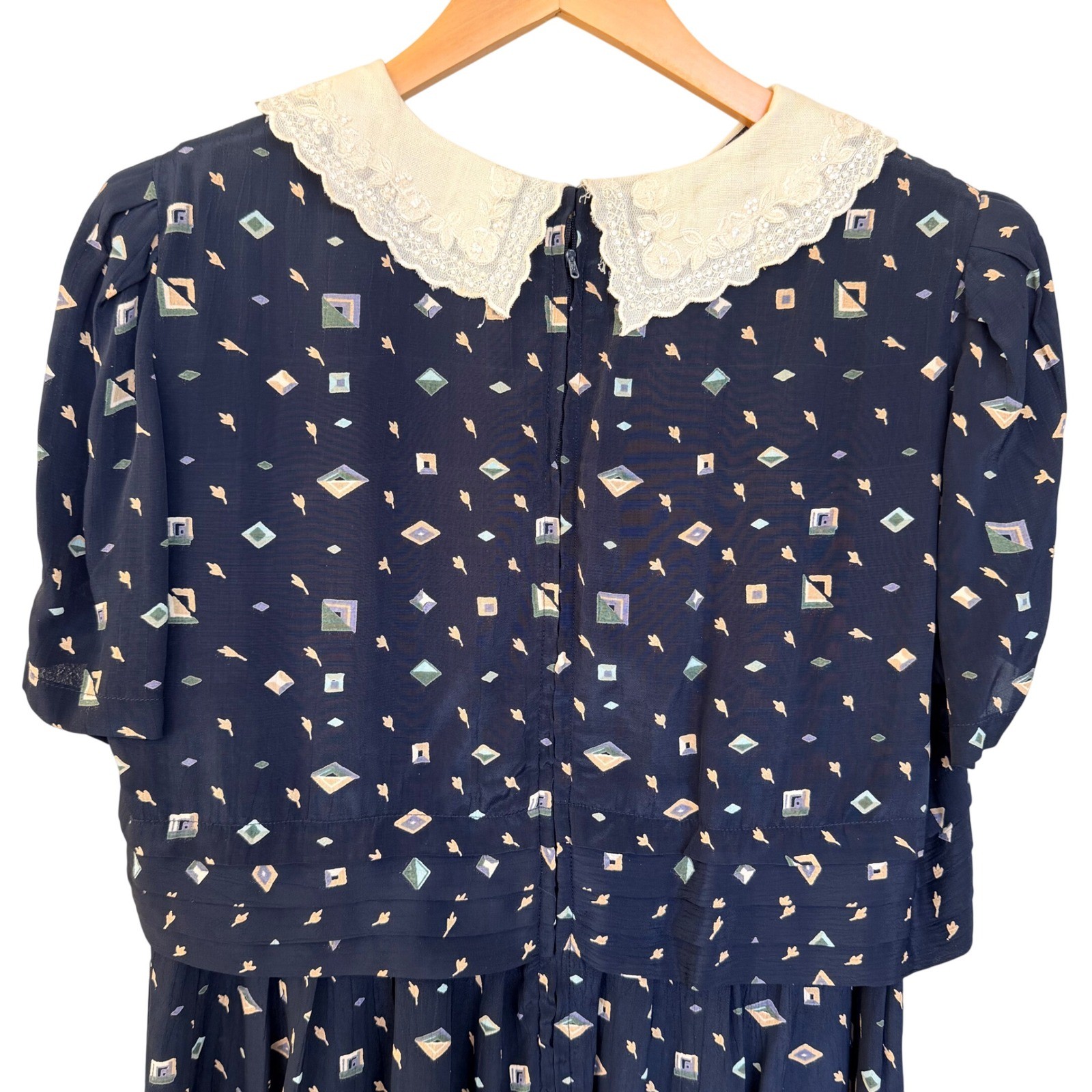 Karin Stevens Navy Blue Geometric Print Midi Dress Lace Collar Beaded Vintage 14