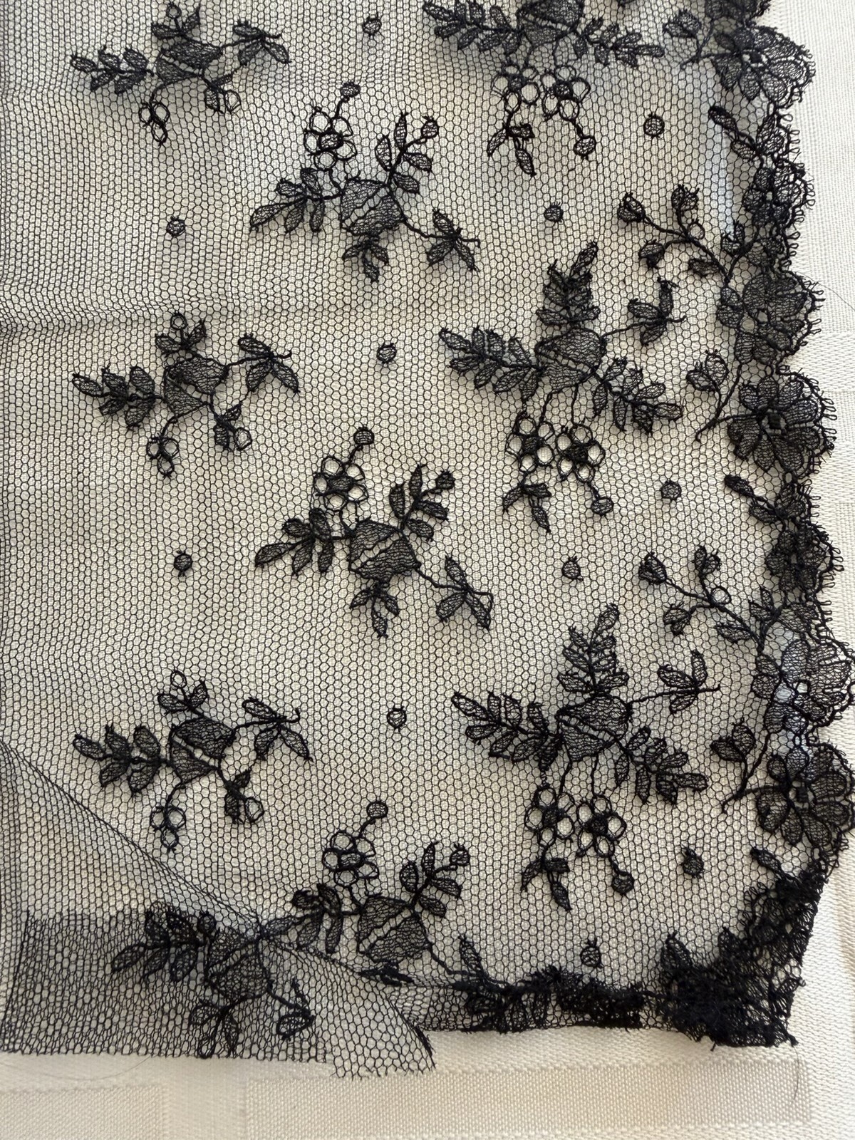 Early 1900s Black Embroidered Silk Chantilly Lace Trim Scarf 2.5 yards x 5&Prime;