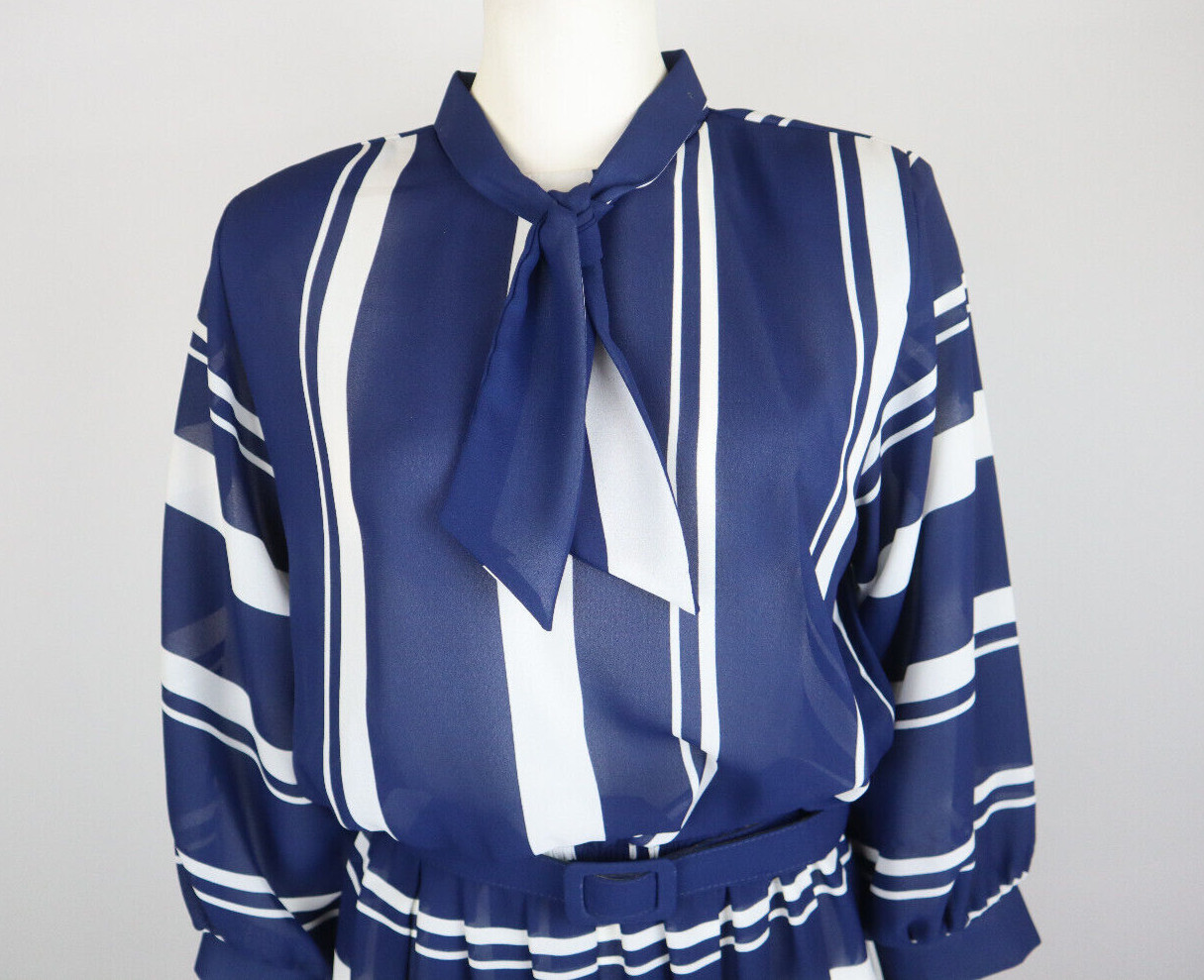 VINTAGE WOMEN&rsquo;S SHEER BLUE STRIPED BELTED DRESS – LADY CAROL – SIZE 10P