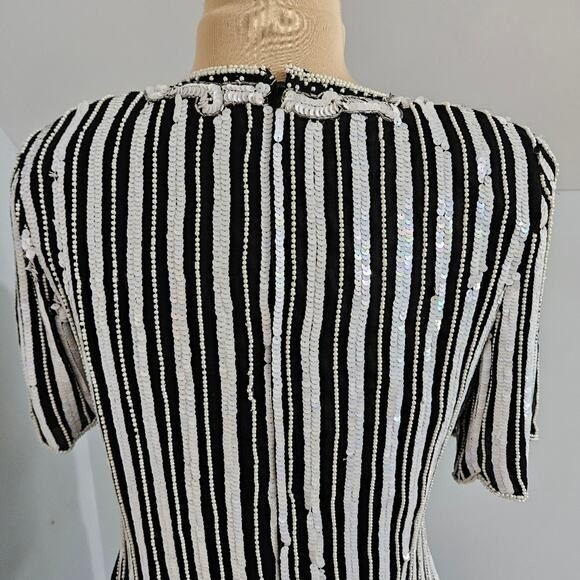 Stenay Vintage 100% Silk Beaded Sequin Top Black White Stripe Floral Scalloped L
