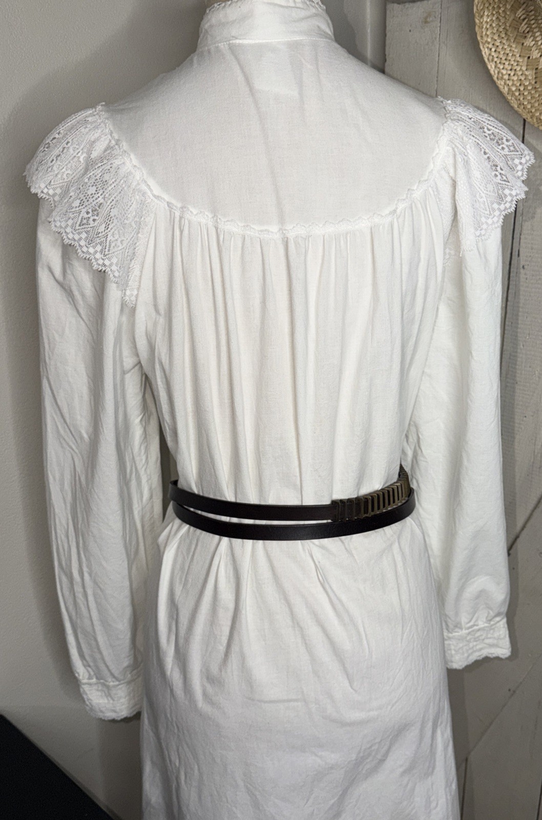 Vintage Periwinkle White Long Peasant Boho Dress High Neck Lace Ruffle Sz S USA