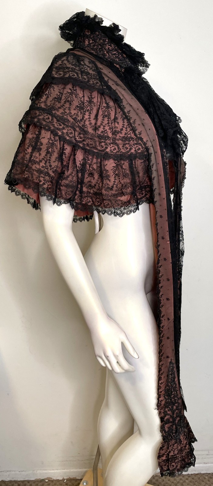Antique 1800s 1900s Victorian Cape Pink & Black Chantilly Lace Beaded Ruffles OS