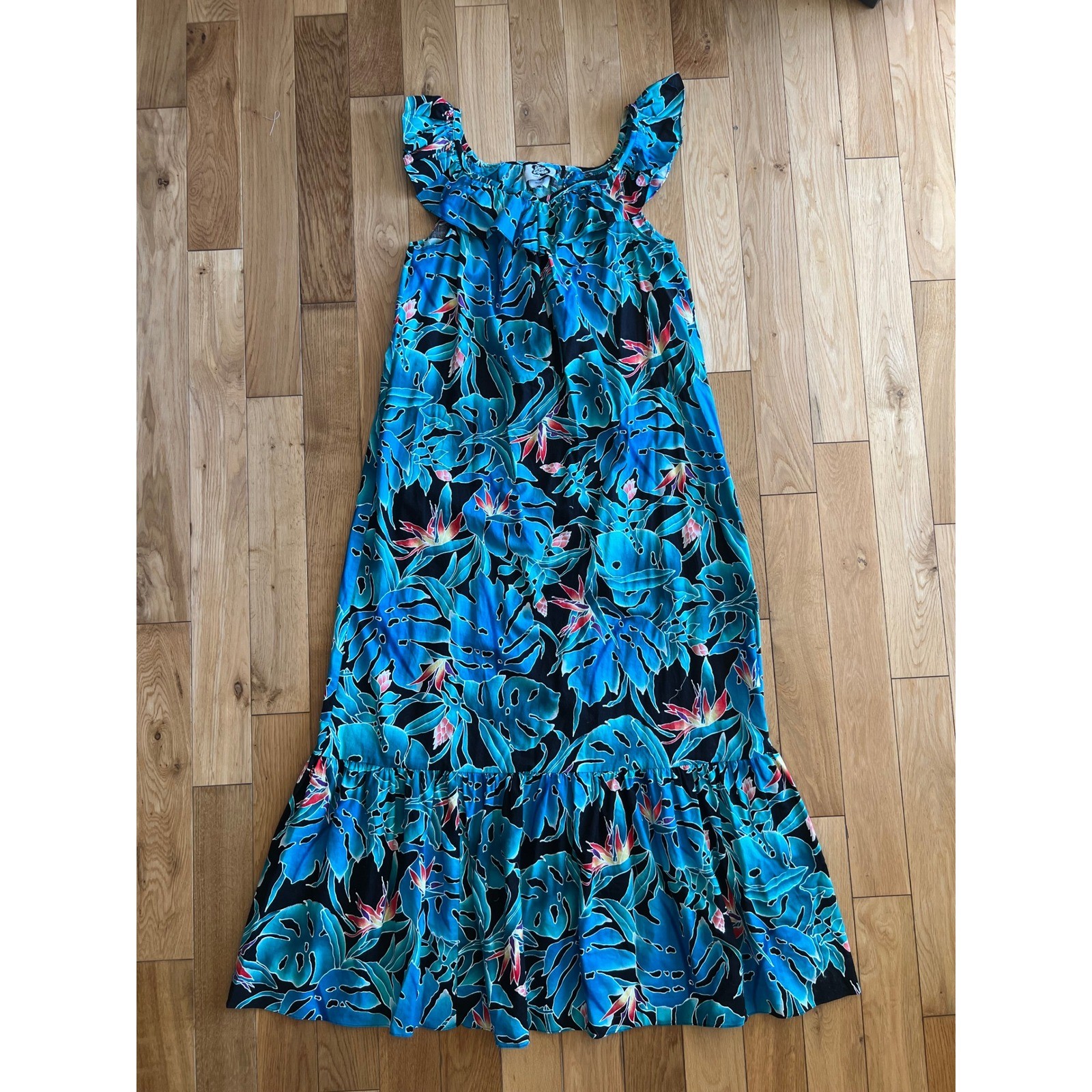 Vintage Hilo Hattie Hawaiian Maxi Dress Muumuu Floral Ruffle Blue Green Size L