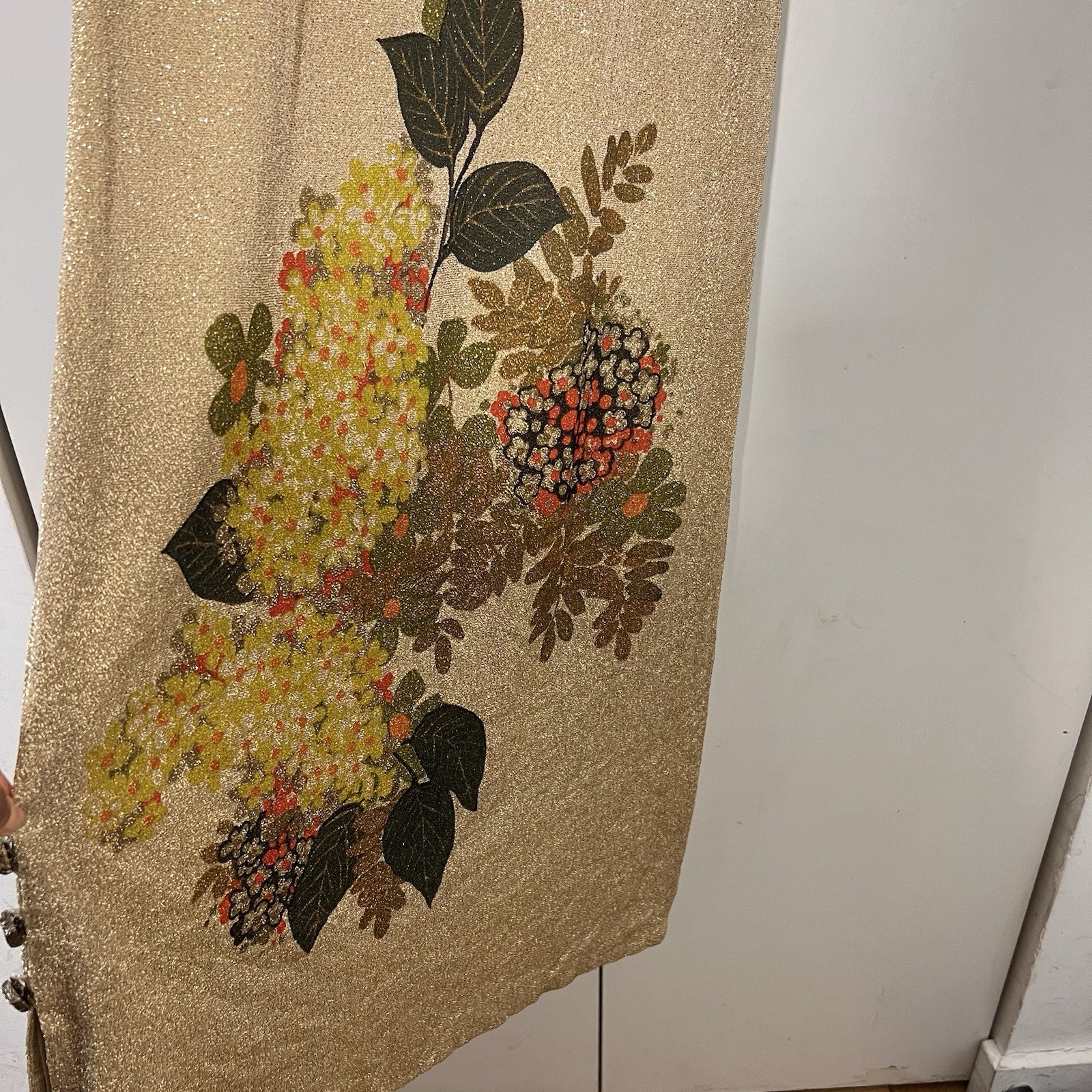 Vintage 70s? Maxi Dress Womens S Metallic Gold Floral Asian Inspired Party
