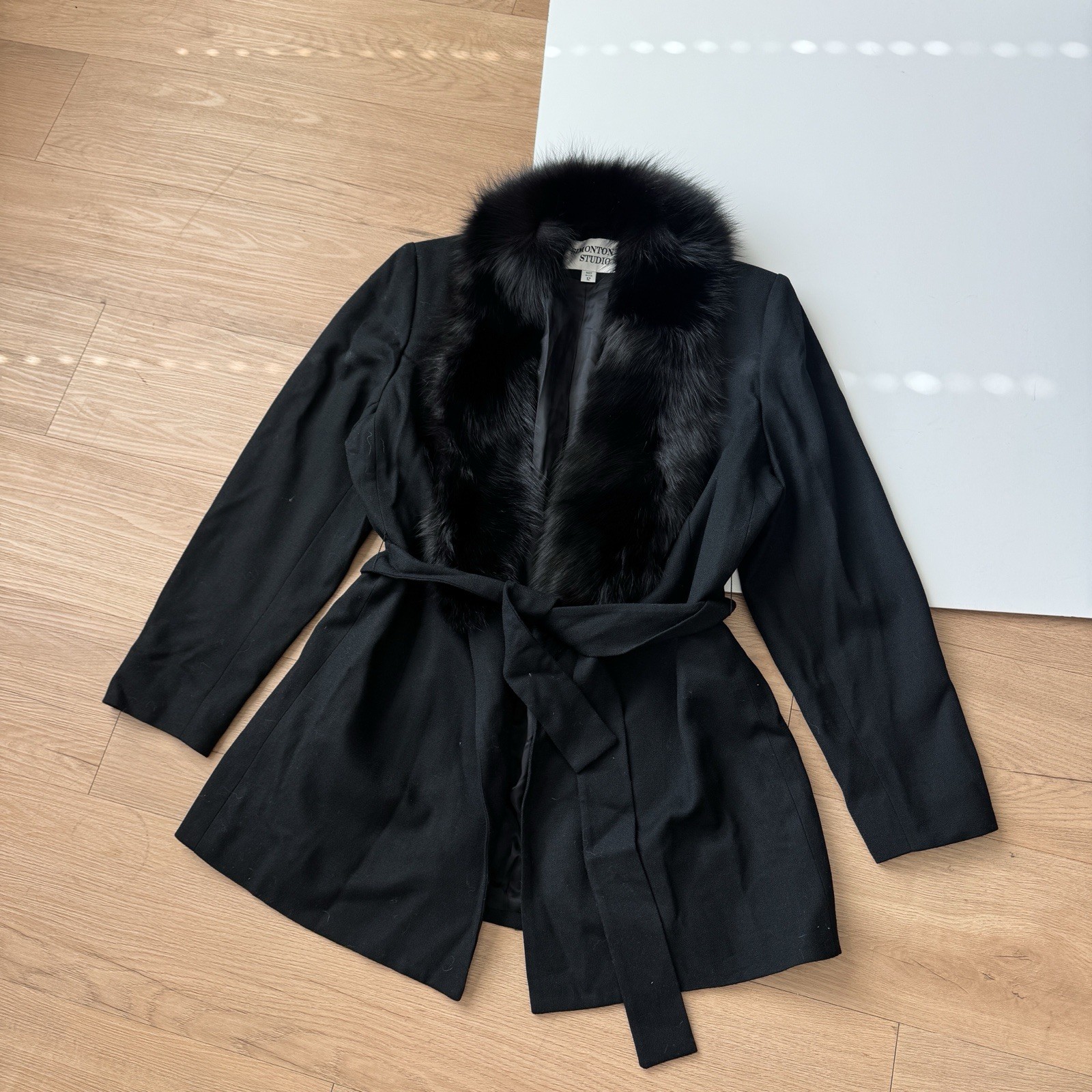 Vintage Wool Jacket Fox Fur Collar Black USA 90s Simonton Studio Large