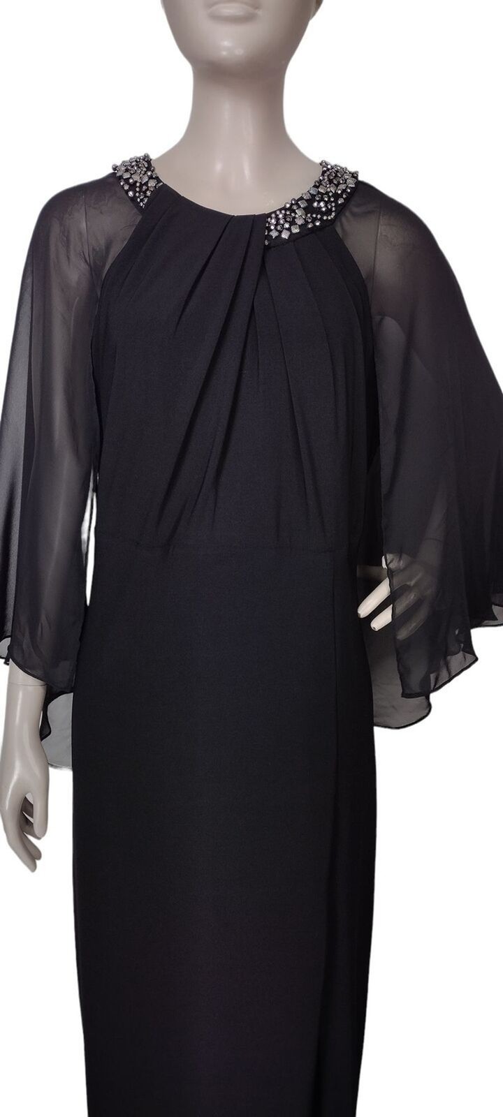 Vintage Scarlett Black Beaded Elegant Flowy Sheer Capelet Slit Formal Maxi Dress