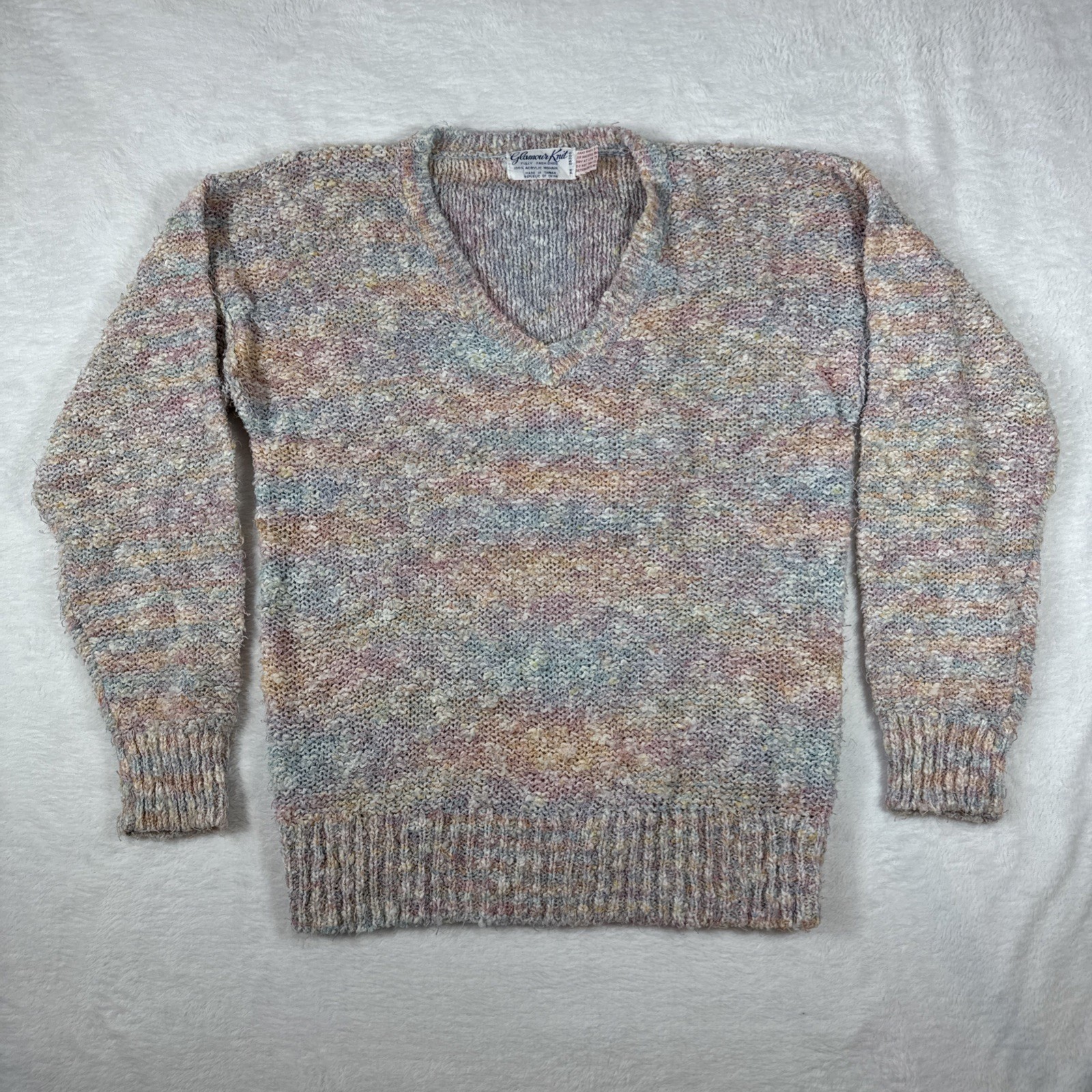 Vintage 80s Acrylic Mohair Multicolor Glamour Knit V-Neck Long Sleeve Sweater M